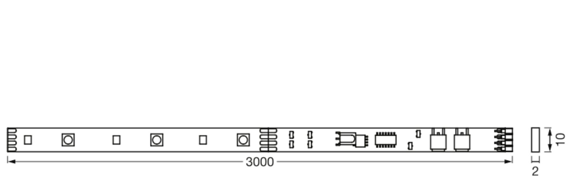 Illustration of an LED strip with a length of 3000 mm and a width of 10 mm. Shows components and their placement.