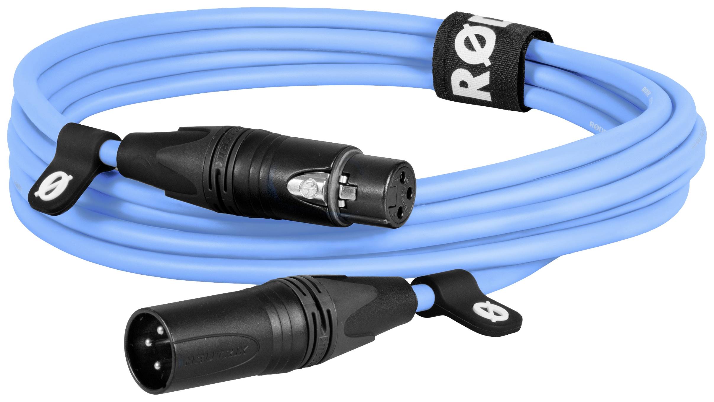 Blue XLR cable with black connectors, suitable for audio connections. The cable is secured with a hook and loop fastener.
