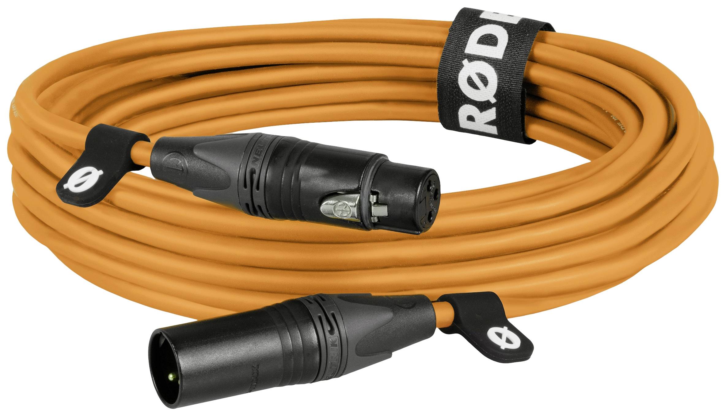 Orange XLR cables with black plugs, bundled with hook-and-loop fastener, suitable for audio connections in professional applications.
