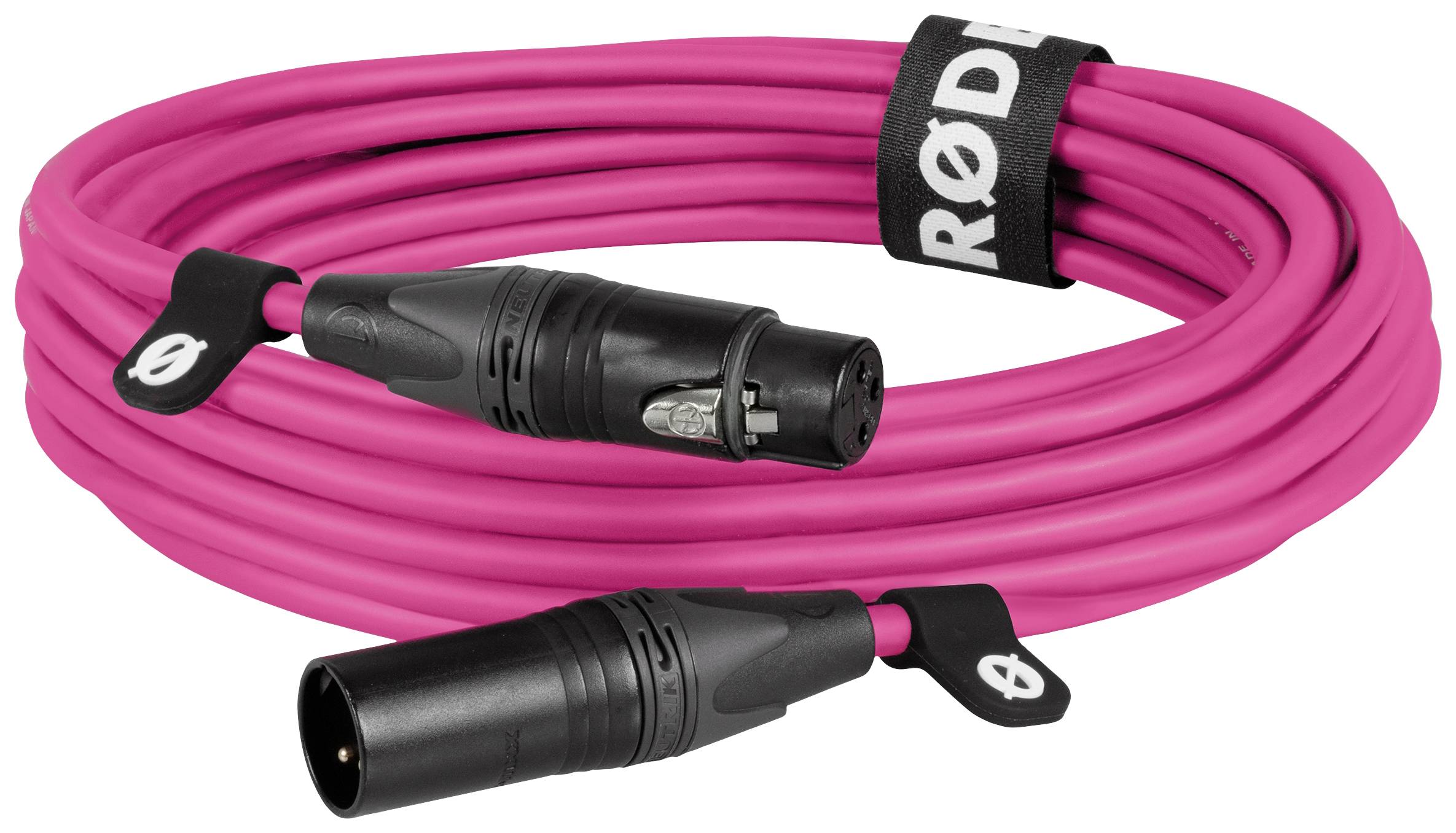 Pink XLR cable with RODE hook and loop fastener.