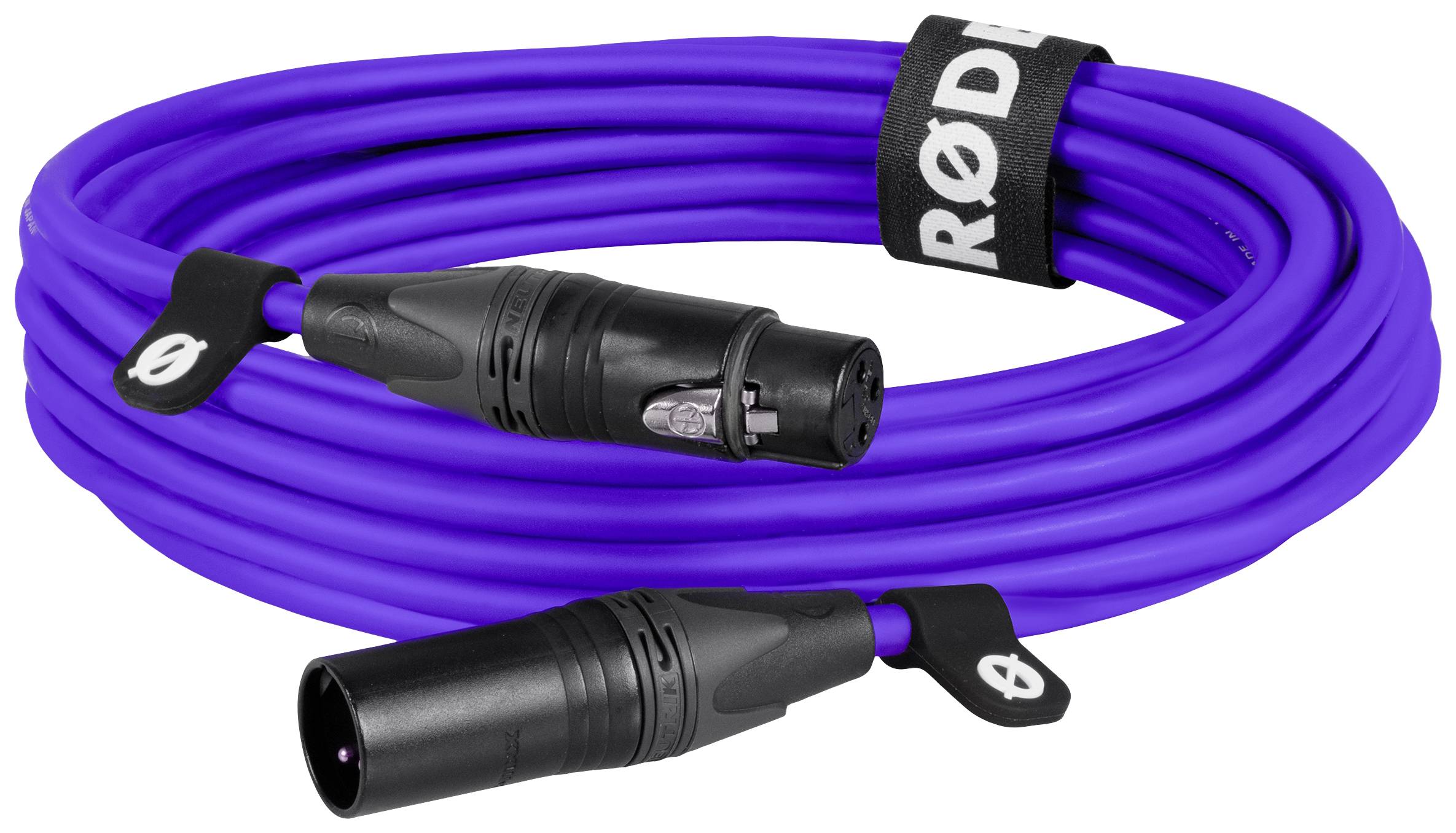 Purple XLR cable with black plug, coiled and fastened with a black hook-and-loop strap.