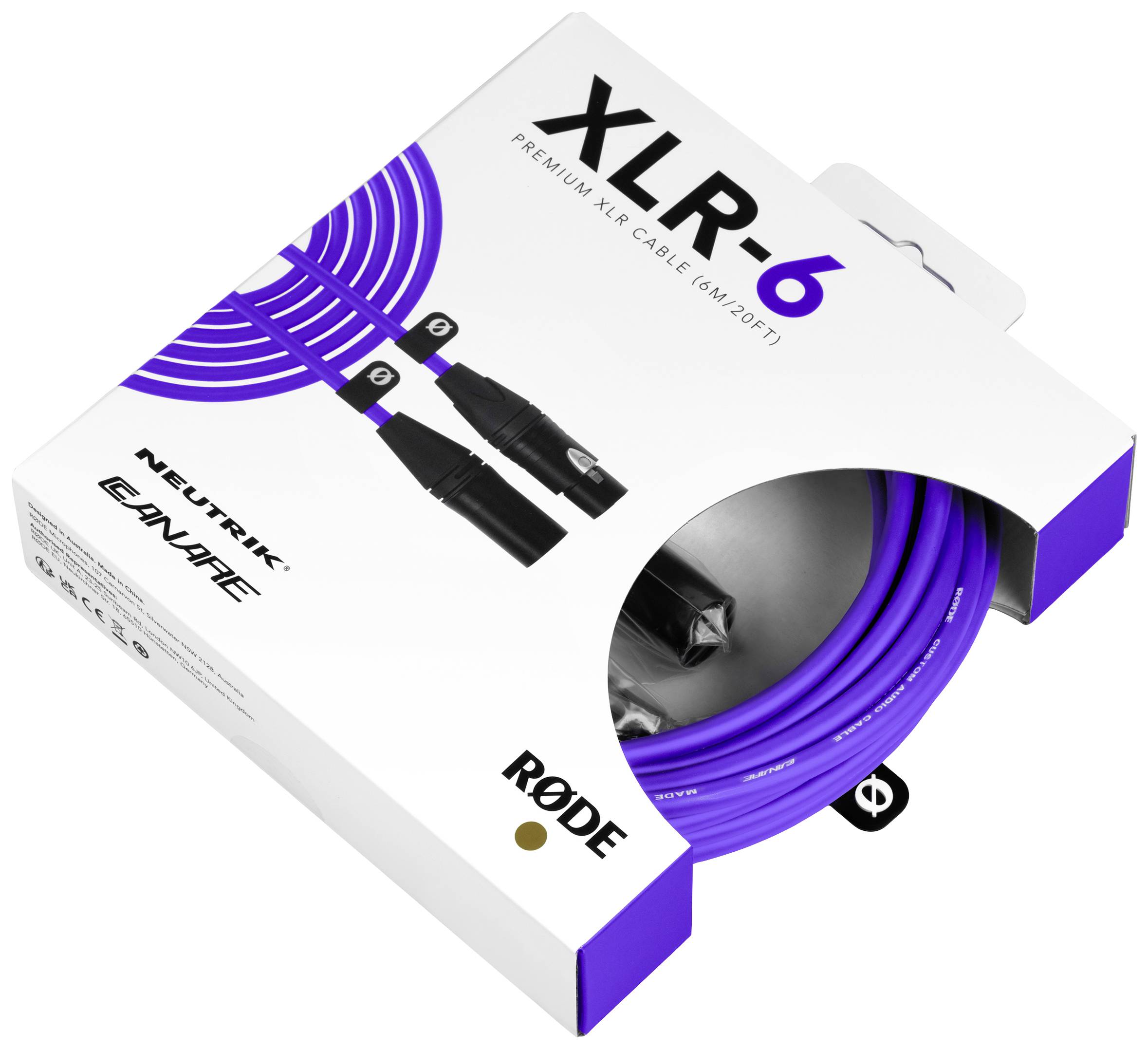 Packaging design for a purple XLR cable 'RØDE XLR-6', 6 metres long. Shows cable impressions and text details on a white background.
