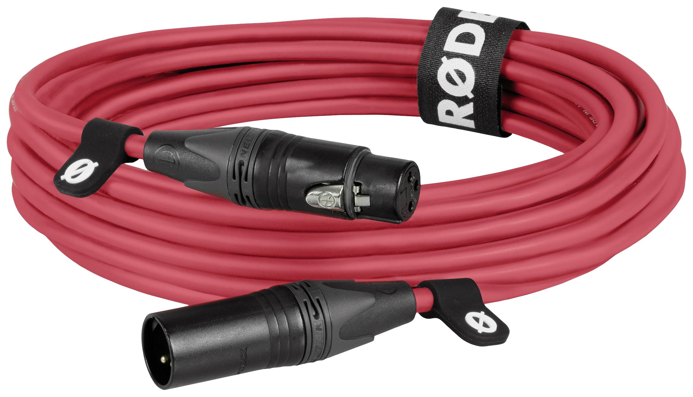 Red XLR cable with black plug and black cable tie with 'RODE' inscription. Suitable for audio device connections.