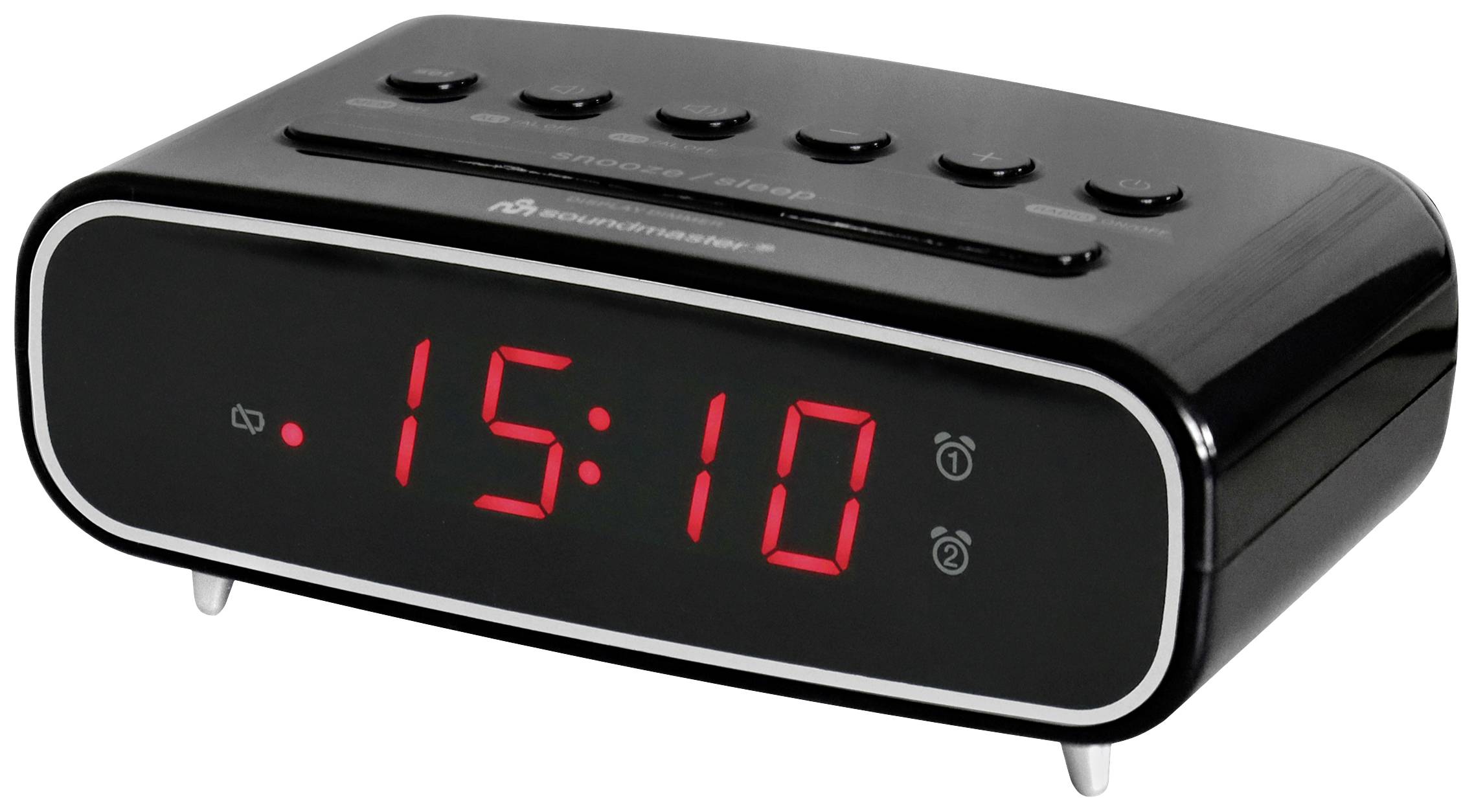 A black digital alarm clock displays 15:10 in red digits, surrounded by control buttons on the top surface.