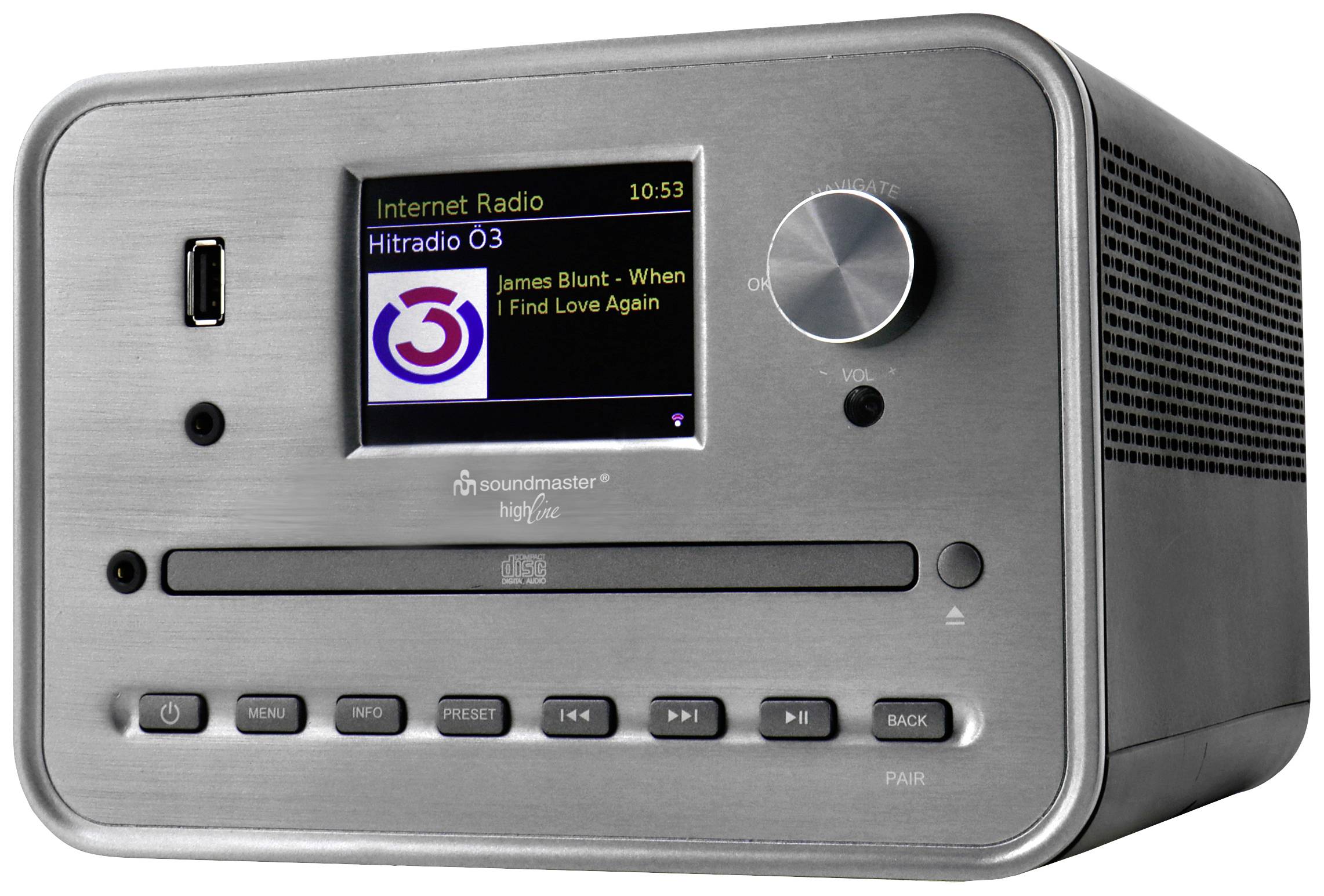 A silver radio with a screen displays 'Internet Radio Hitradio Ö3' and 'James Blunt – When I Find Love Again', with a CD slot underneath.