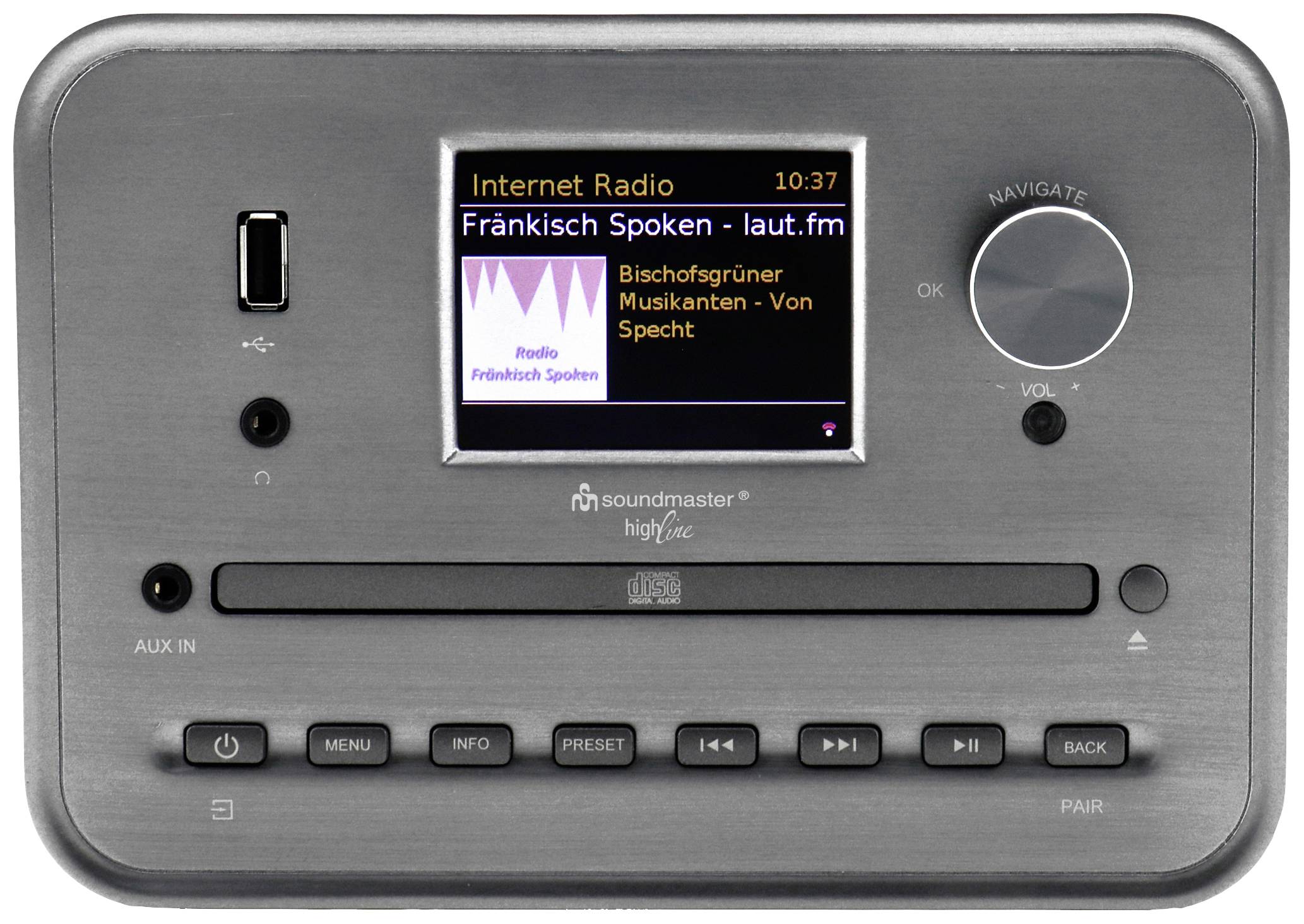 An internet radio with a display, playing 'Internet Radio Fränkisch Spoken'. Shows station name and a control dial for volume.