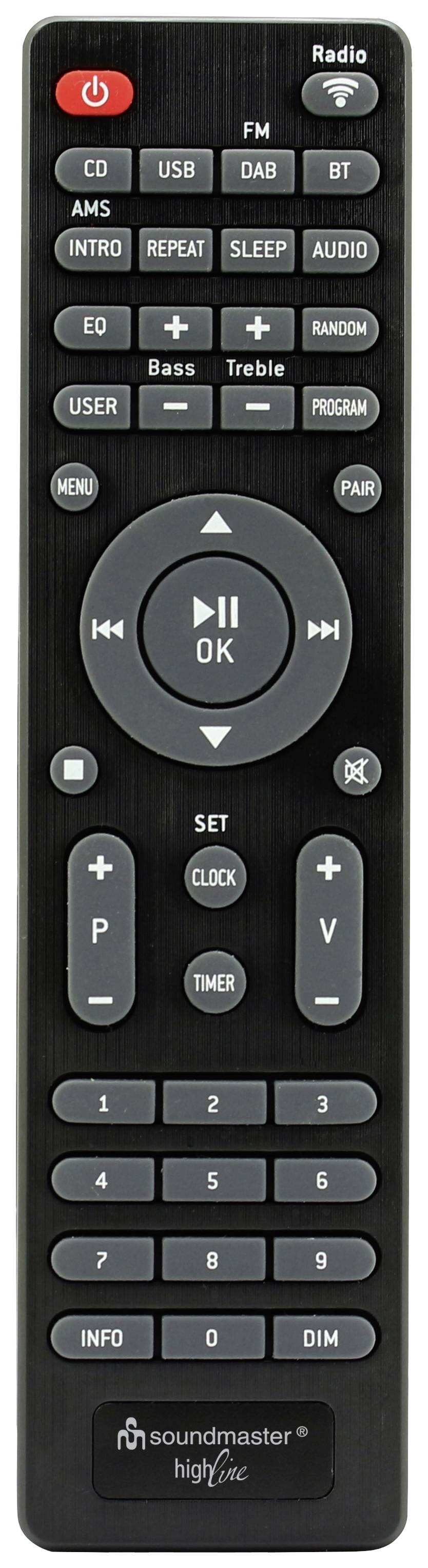 A black remote control with buttons for controlling audio functions such as 'Play', 'Pause', 'Vol+' and 'Vol-'.