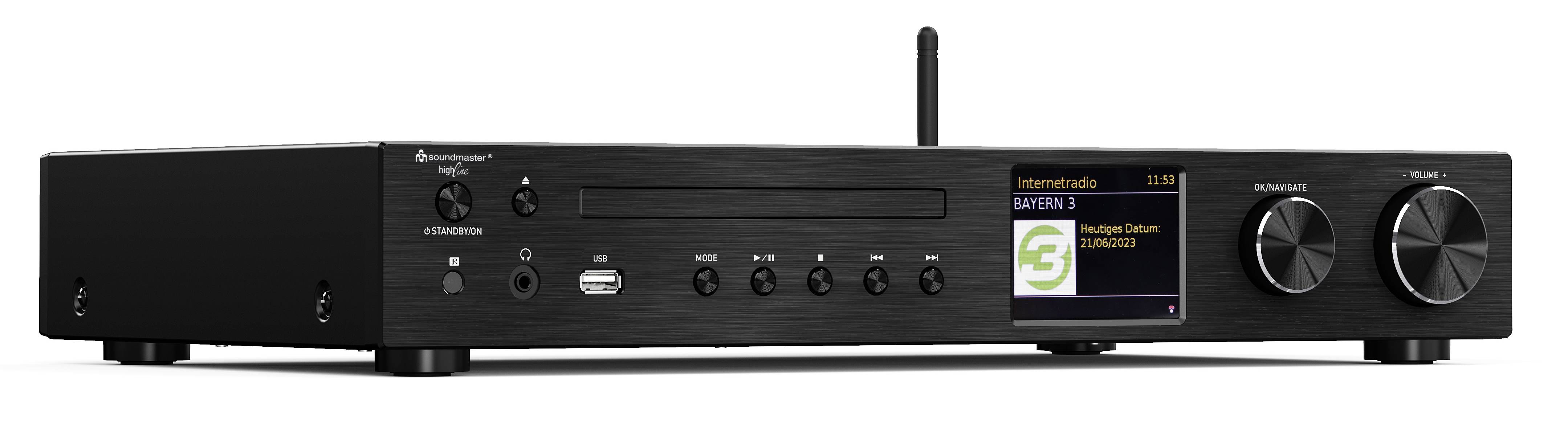 Black audio receiver device with display, two large rotary knobs on the right, several smaller buttons on the left, and a USB interface.