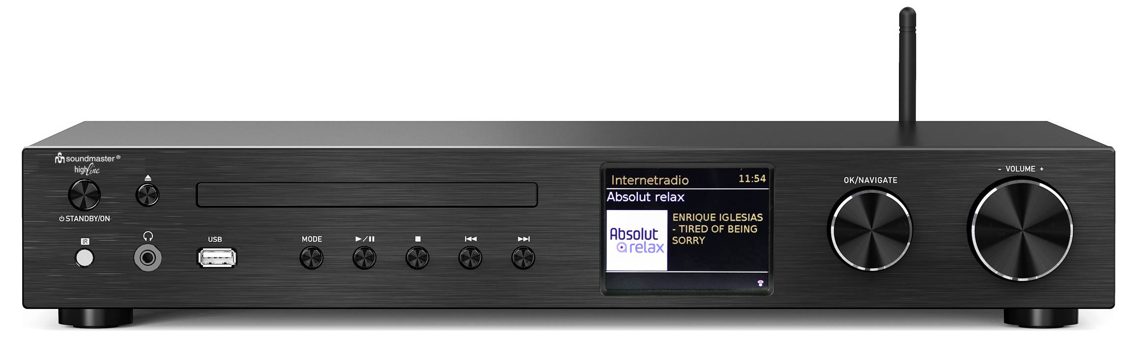 A sleek black audio receiver with a display showing 'Internet Radio' and current playing song details. Features control knobs and a USB port.