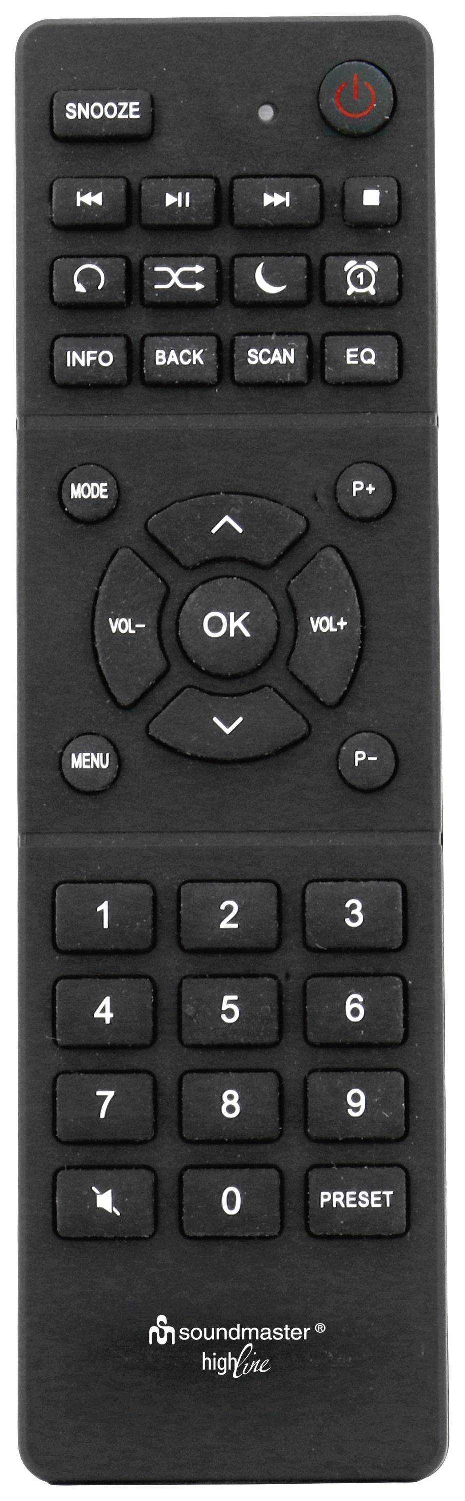 Black remote control with buttons for volume, power, menu, and numeric input. Buttons for functions such as 'SNOOZE', 'EQ'.