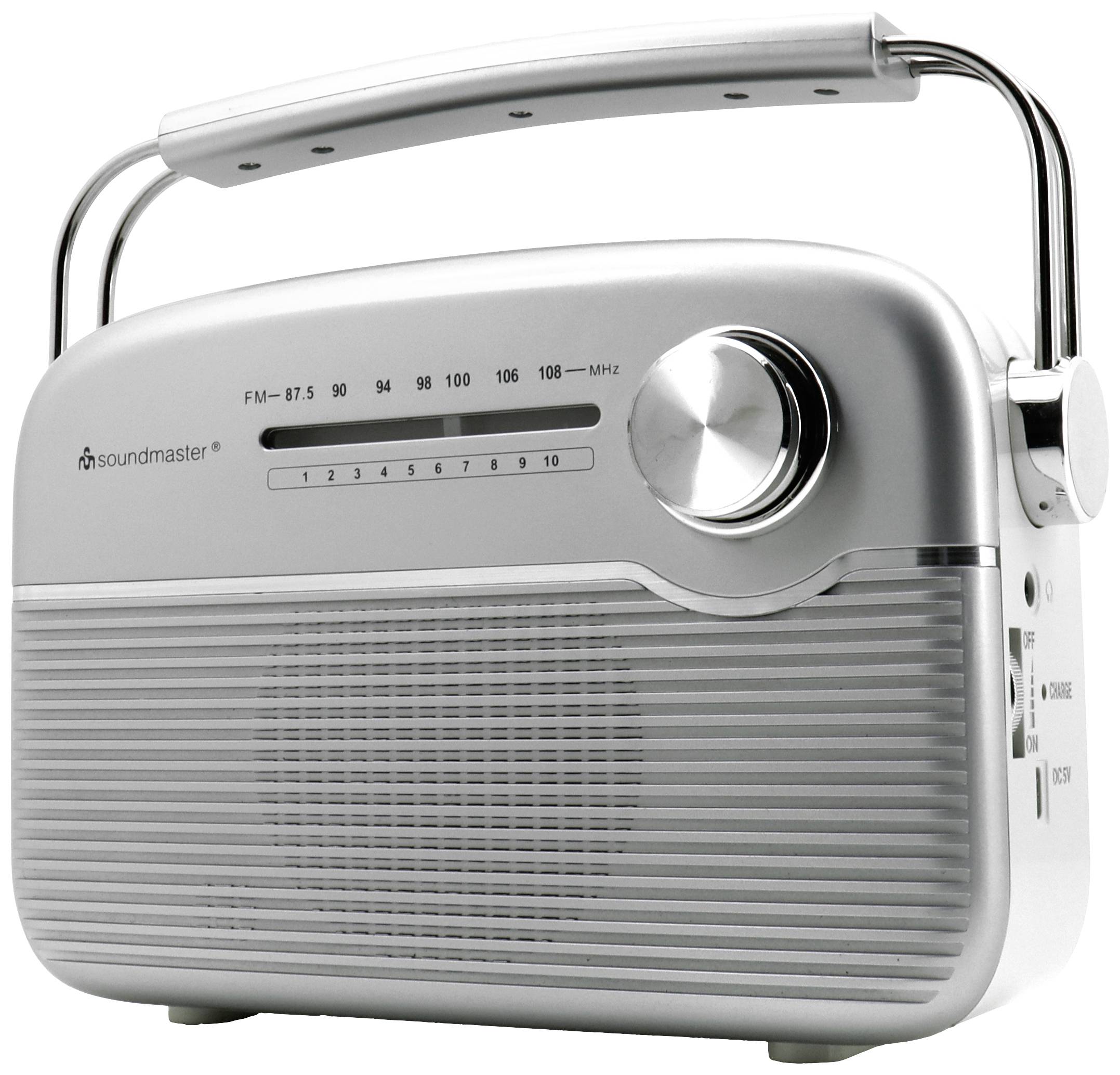 A silver portable radio system with FM scale, volume control, and extendable aerial. Perfect for music on the go.