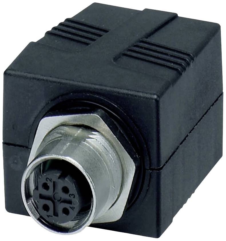 Black electrical connector housing with a round, metallic connection piece and 5-pin insert visible at the front.