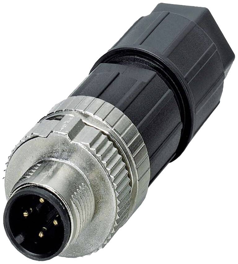 A black and silver plug with multiple connection points, suitable for industrial or electronic applications.
