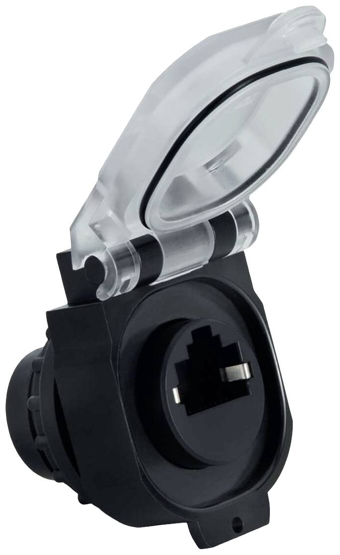 A black, round electrical socket with an open, transparent protective cover. Suitable for network cable connections.