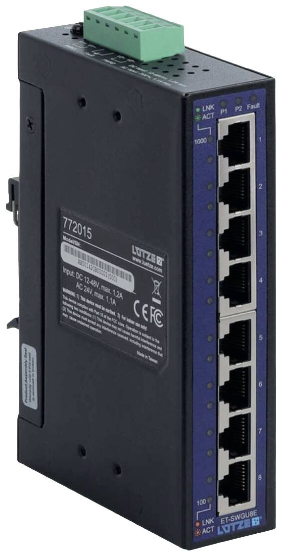 Industrial Ethernet switch with eight RJ45 ports for network connection. Black enclosure with serial number and technical specifications.