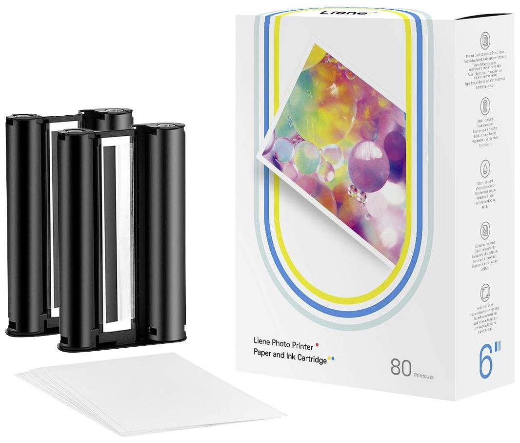 Pack of photo printer paper and colour ribbon for 80 photos, pictured with paper stack, suitable for 6-inch prints.