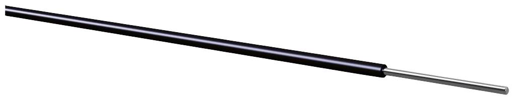 A black, thin metal tube with a silver wire at the end, diagonally positioned from bottom left to top right.
