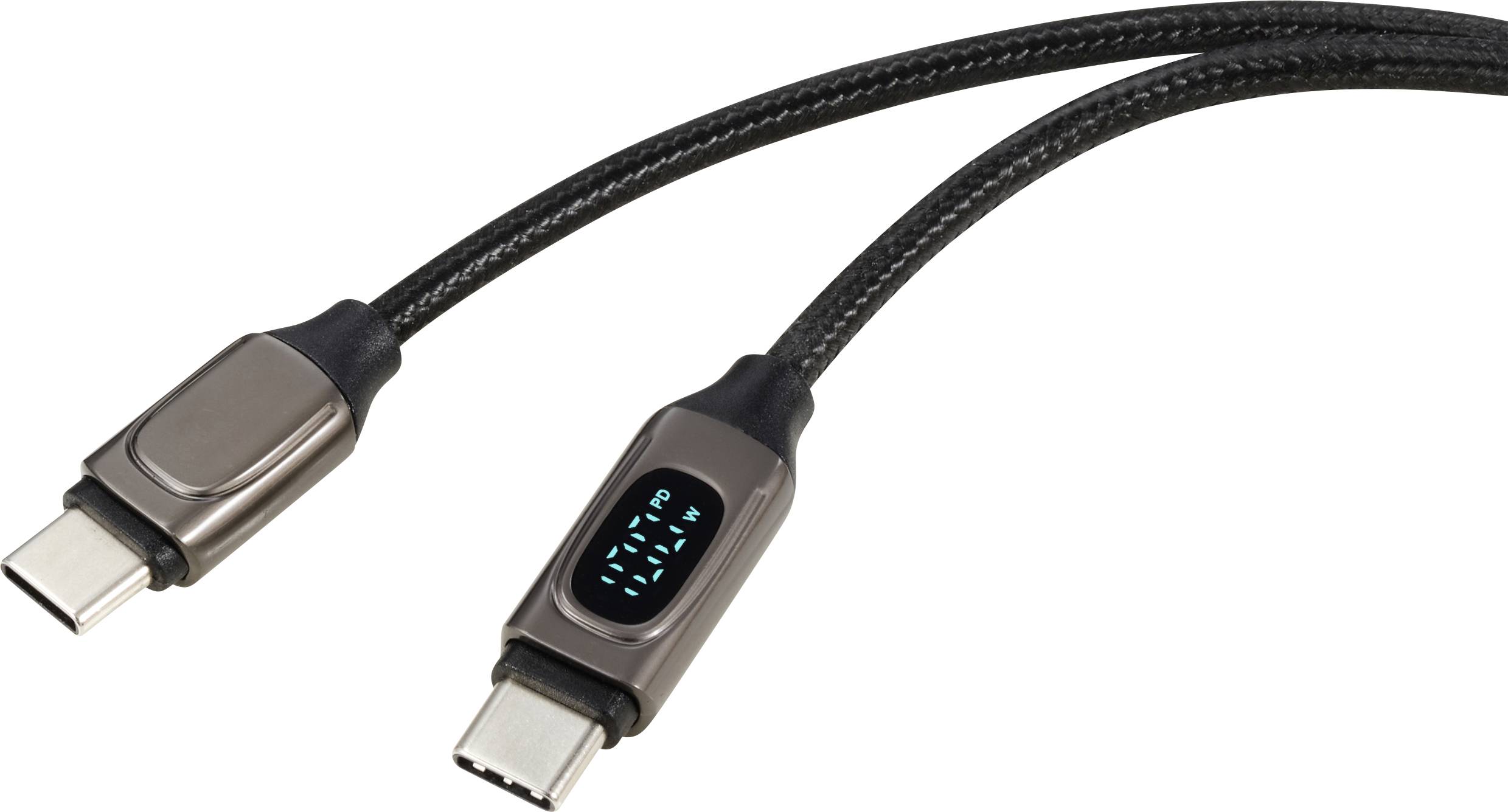 A USB-C cable with two connectors, suitable for charging or data transfer. Both ends are robust and reinforced.