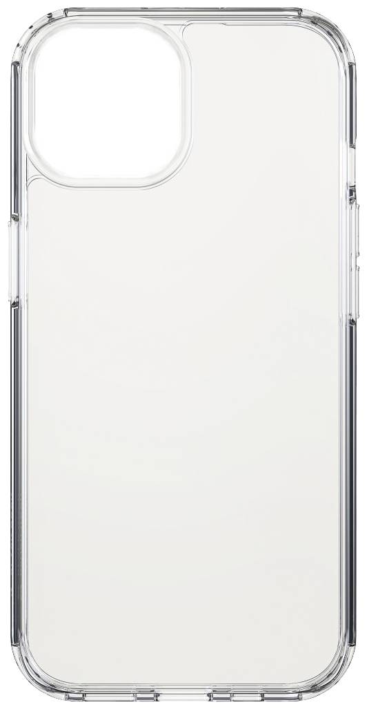 Transparent mobile phone case with rounded corners and camera cutout.