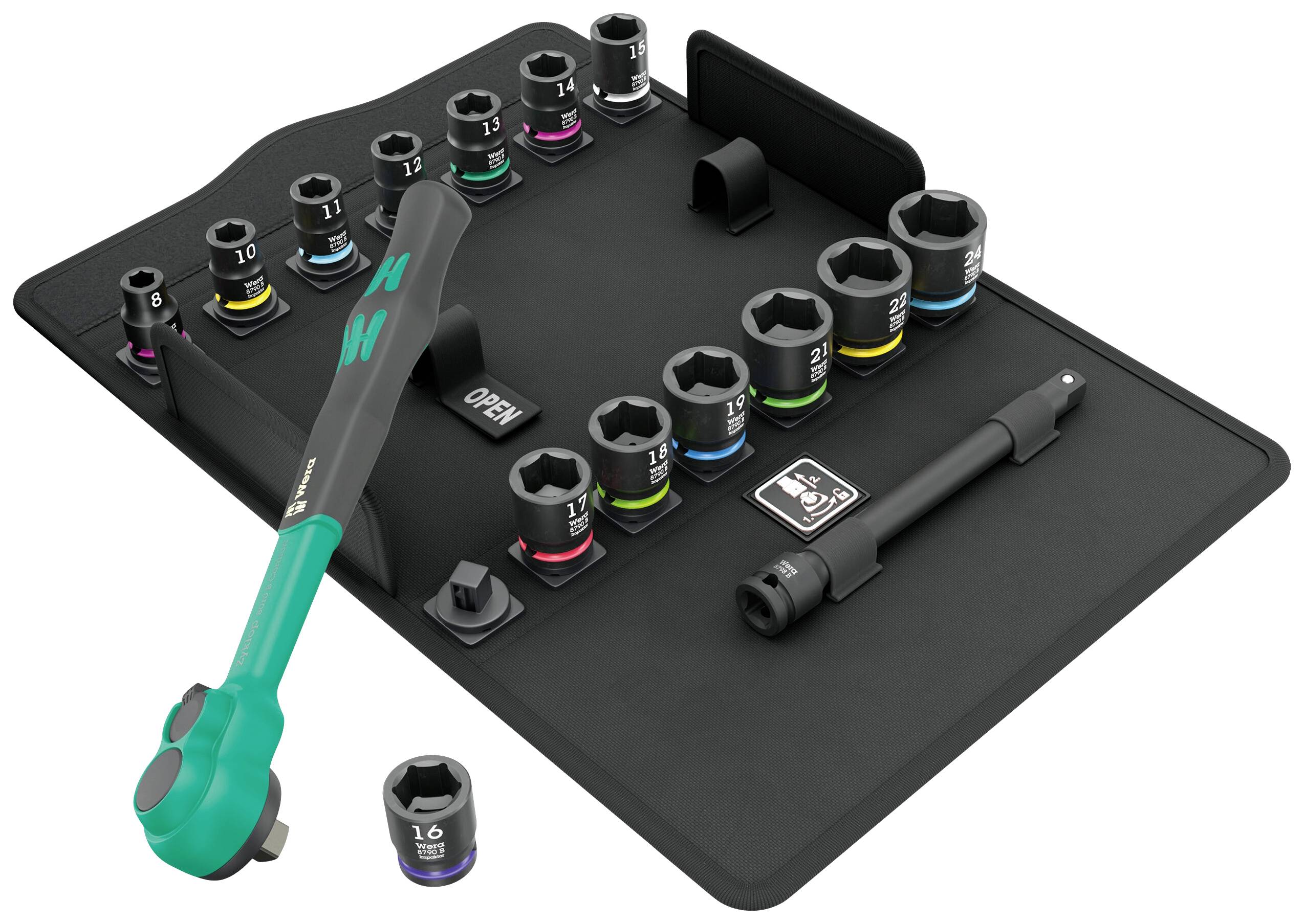 Ratchet set with various socket nuts and extensions laid out on a mat, colour-coded for easy size differentiation.