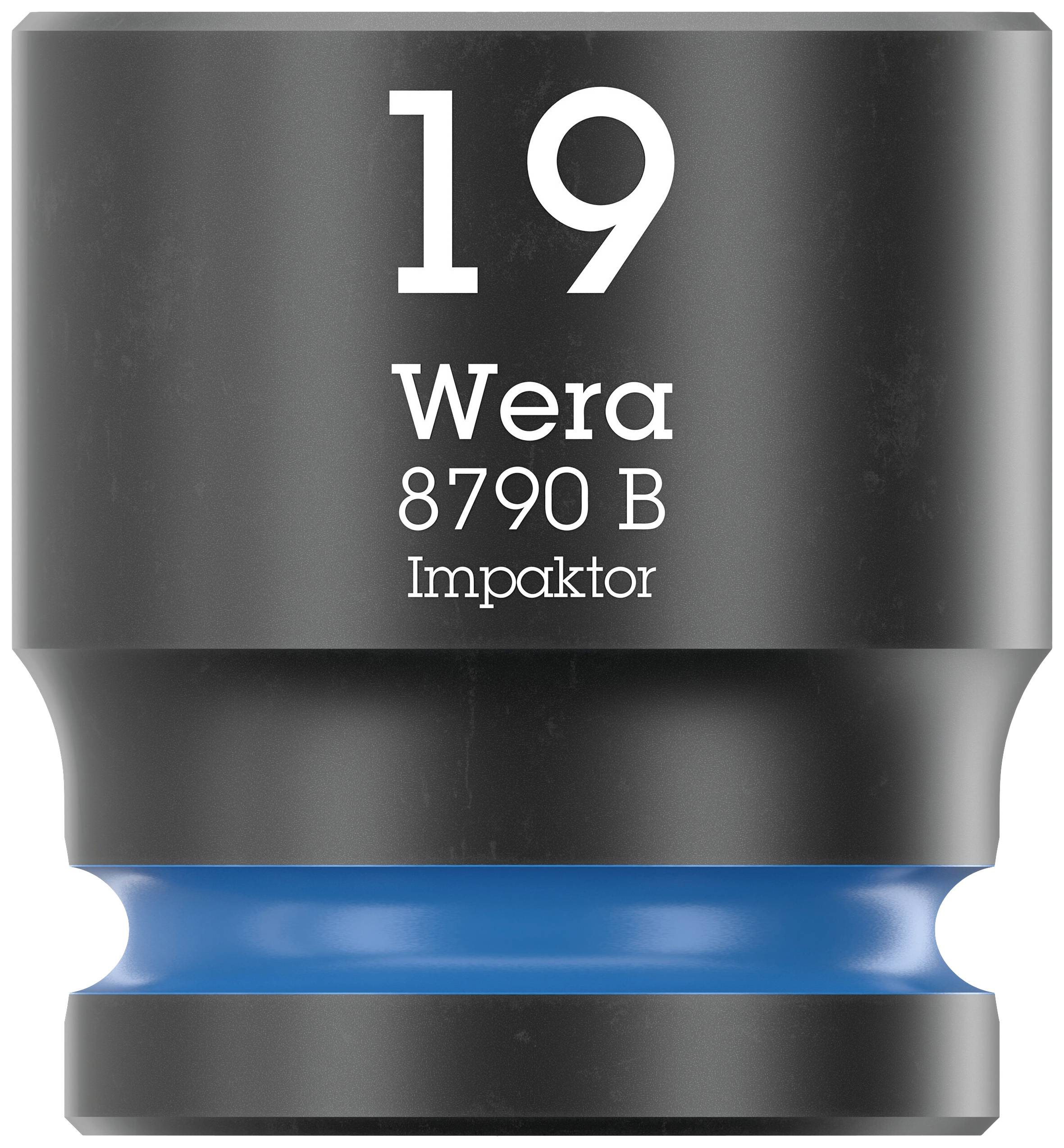 A 19 mm Wera Impaktor socket, model 8790 B, made of metal with blue plastic reinforcement.