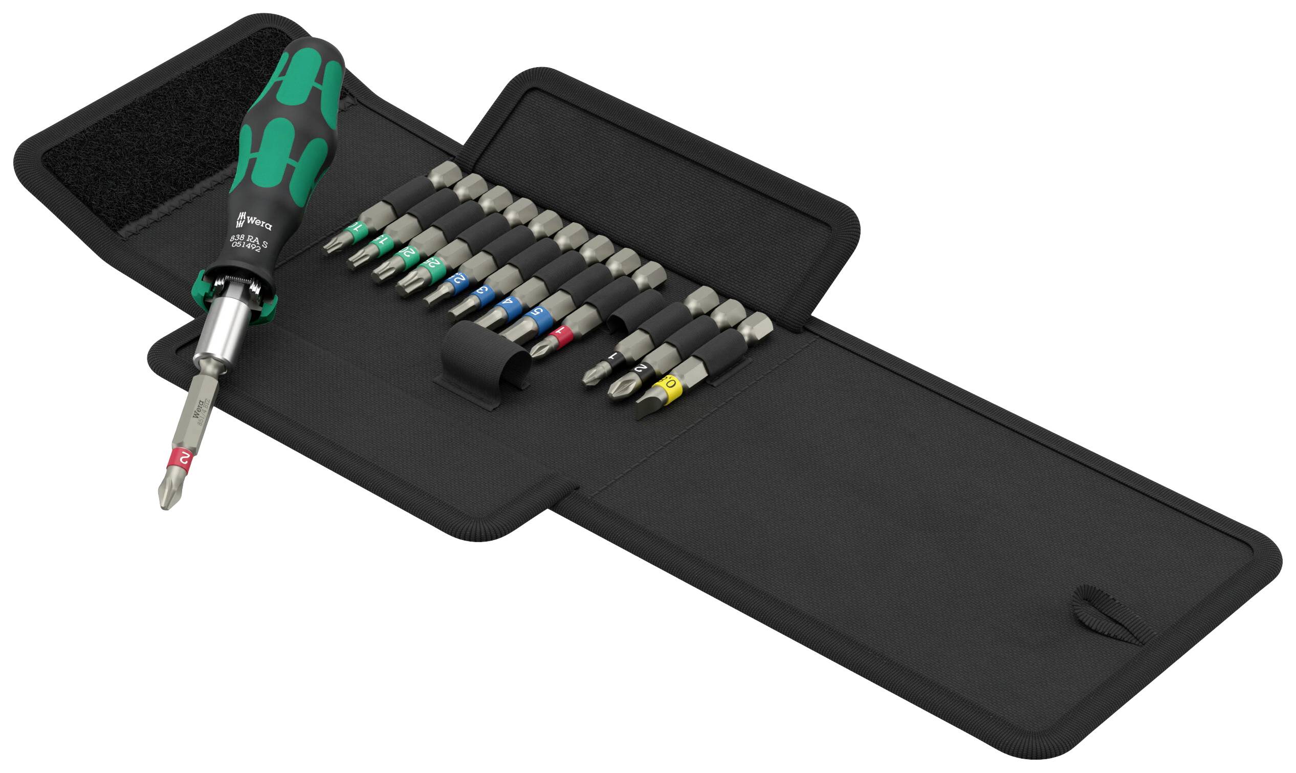 An open case reveals a screwdriver handle with several interchangeable, colour-coded bits inside.