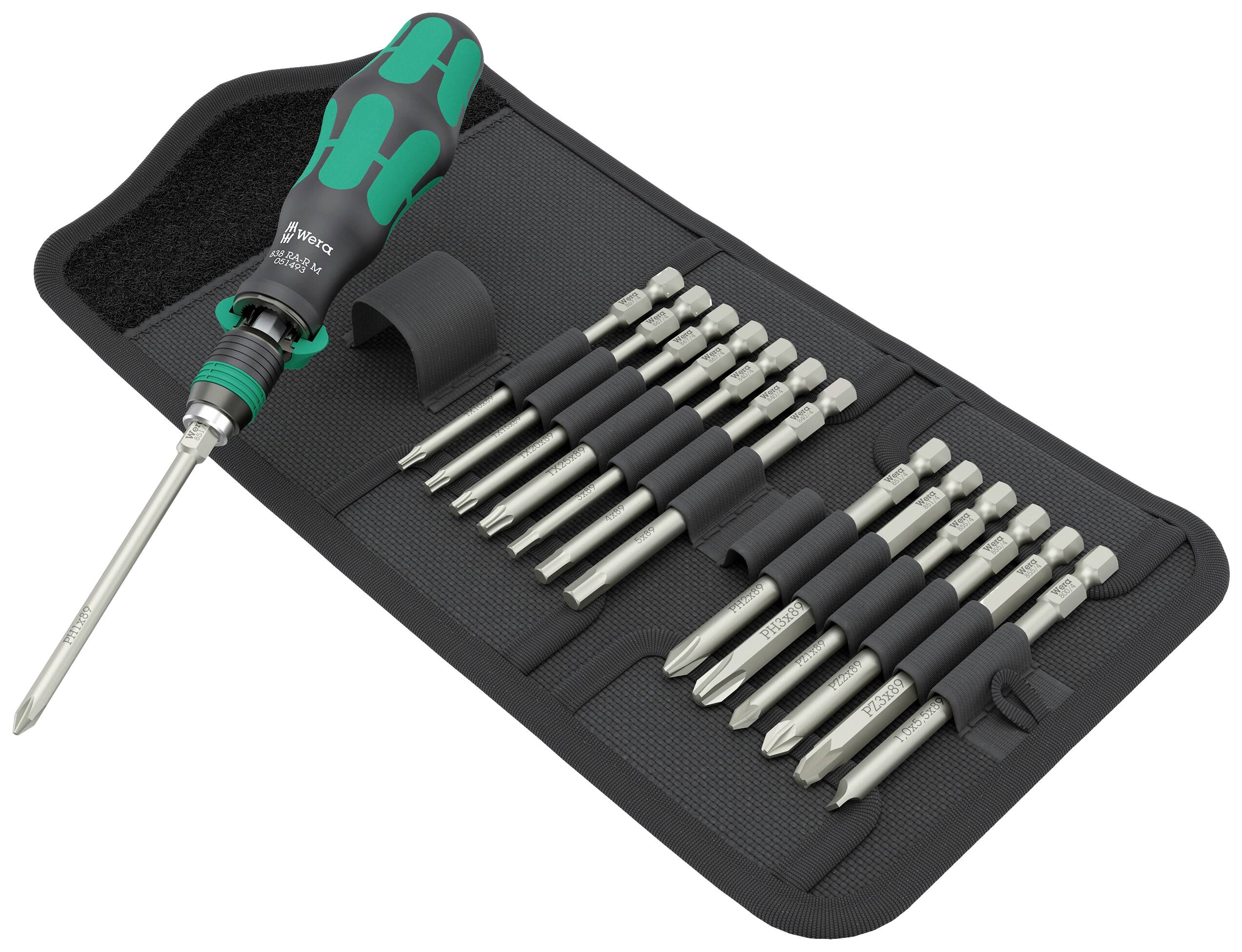 A screwdriver set with multiple bits and an ergonomic handle in a fold-out case.