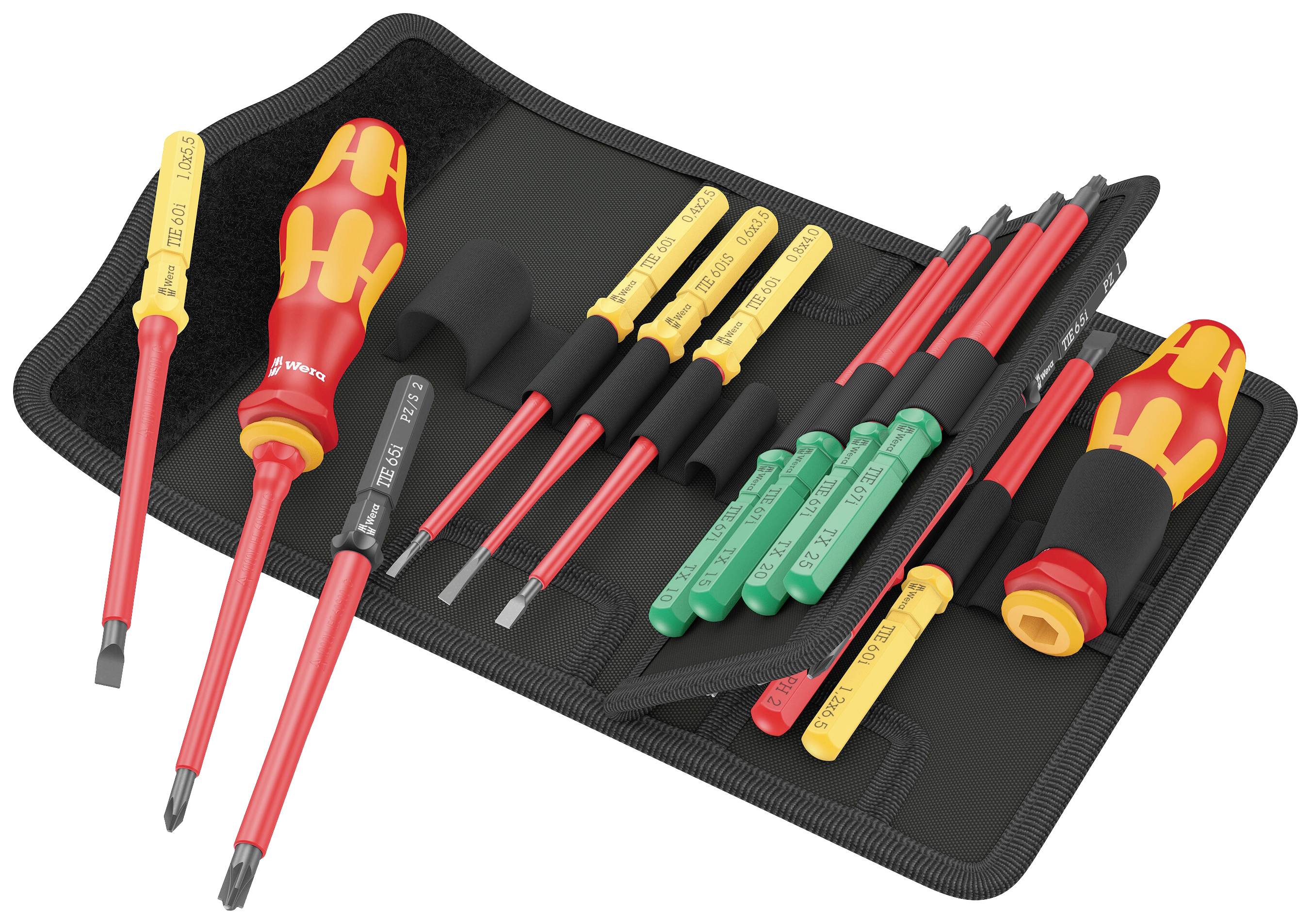 A set of individual screwdrivers in various sizes and colours, organised in a foldable black tool bag.