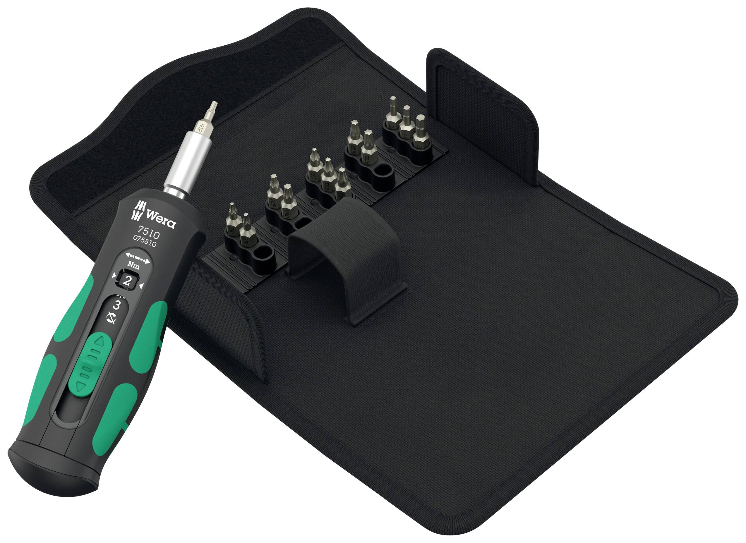 Screwdriver set with green and black handle and multiple bits in a fold-out black case, suitable for versatile applications.