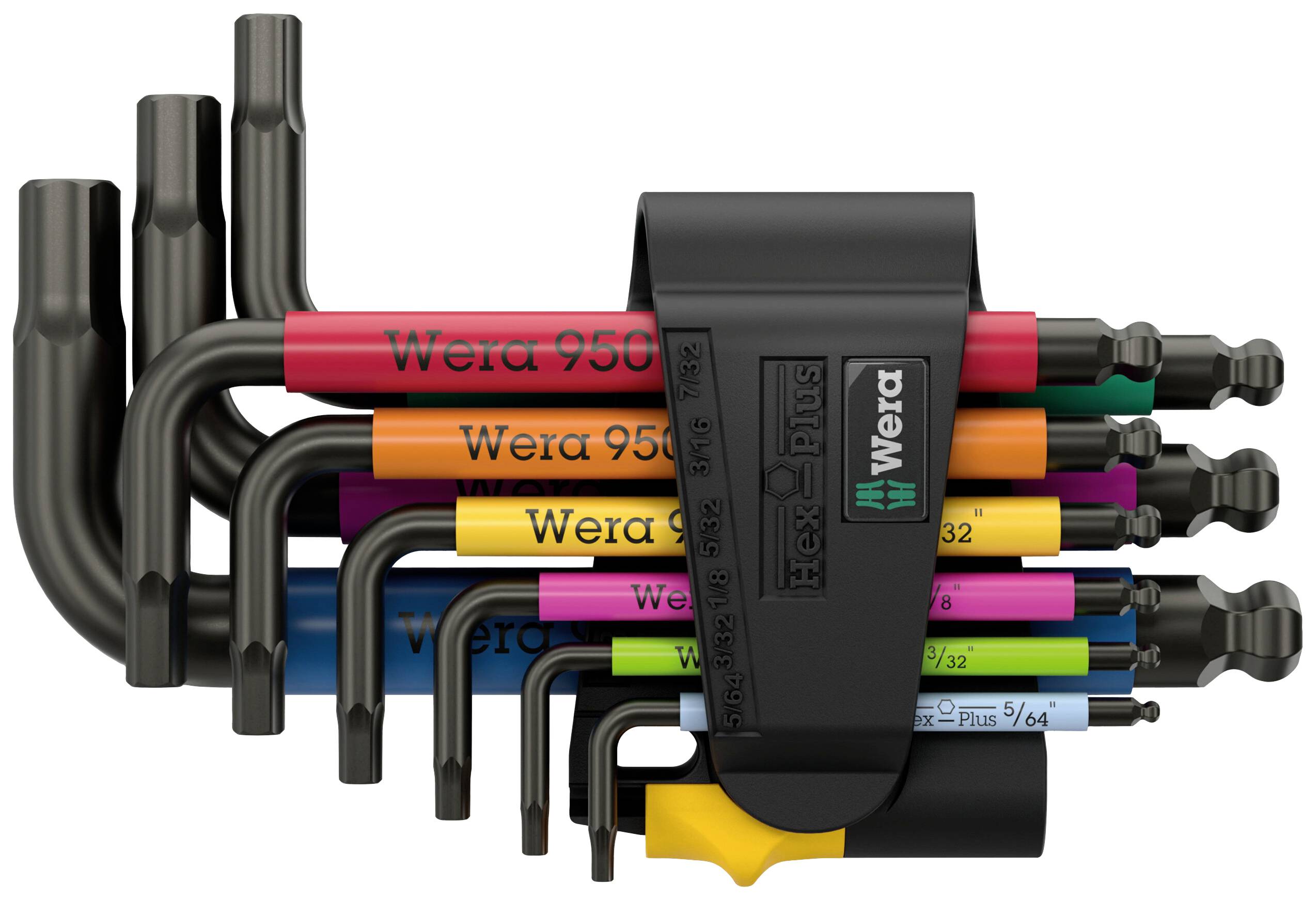 Ein Set von neun Winkelschlüsseln in verschiedenen Farben und Größen in einem schwarzen Halter. Jede Farbe entspricht einer bestimmten Größe.