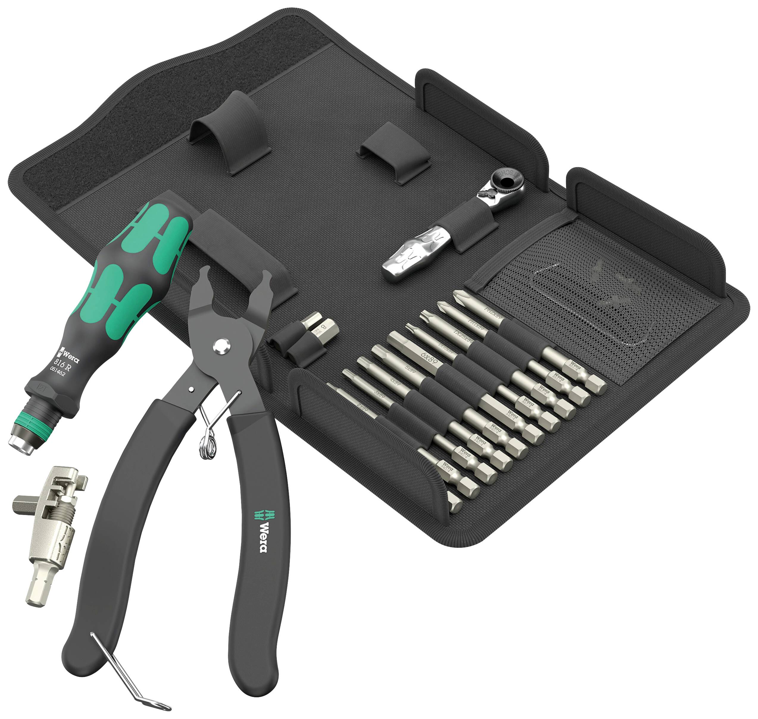 Tool set with a green-black handle, pliers and numerous screwdriver bits in an open black bag.