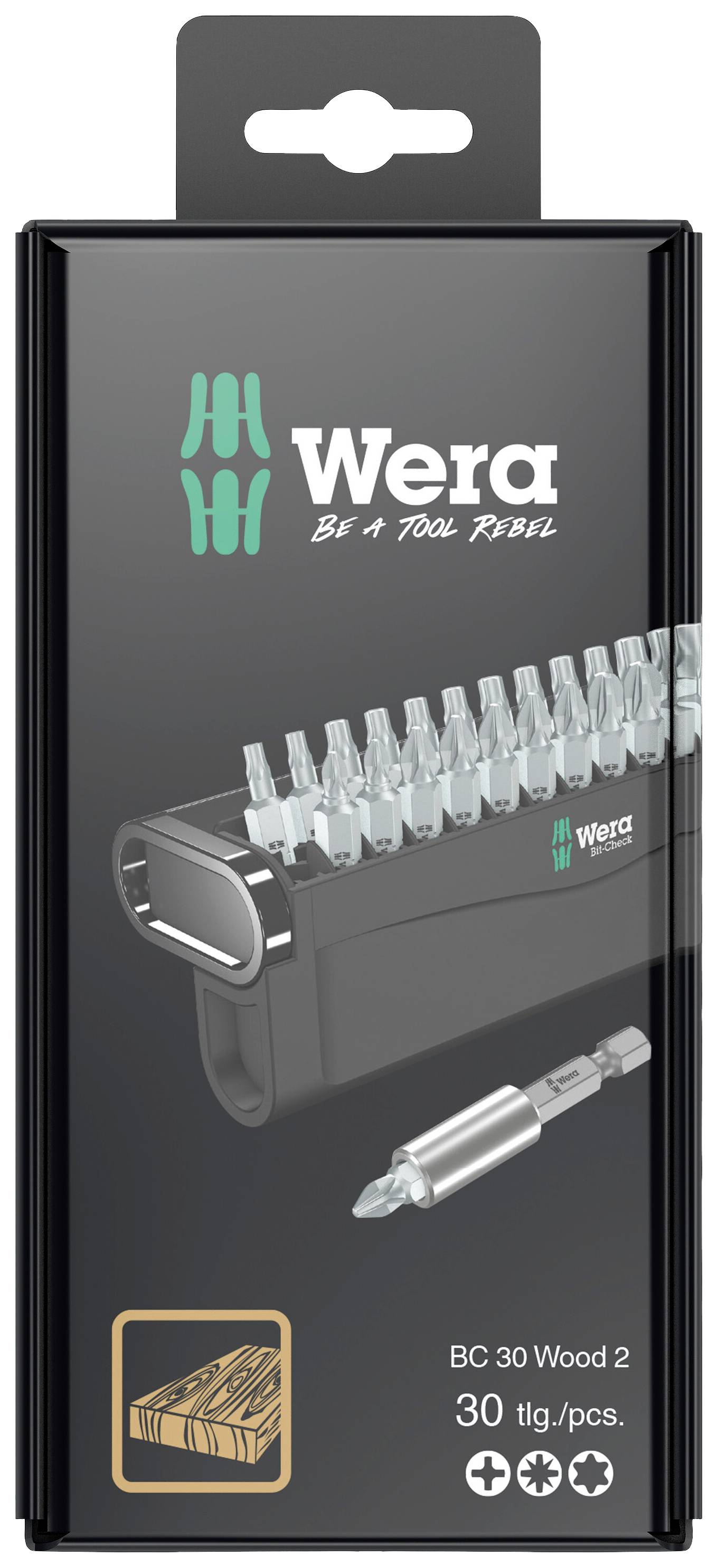'Wera BC 30 Wood 2' Bit Set Packaging with 30 pieces, specifically designed for woodworking. Includes bit holder and screwdriver bits.