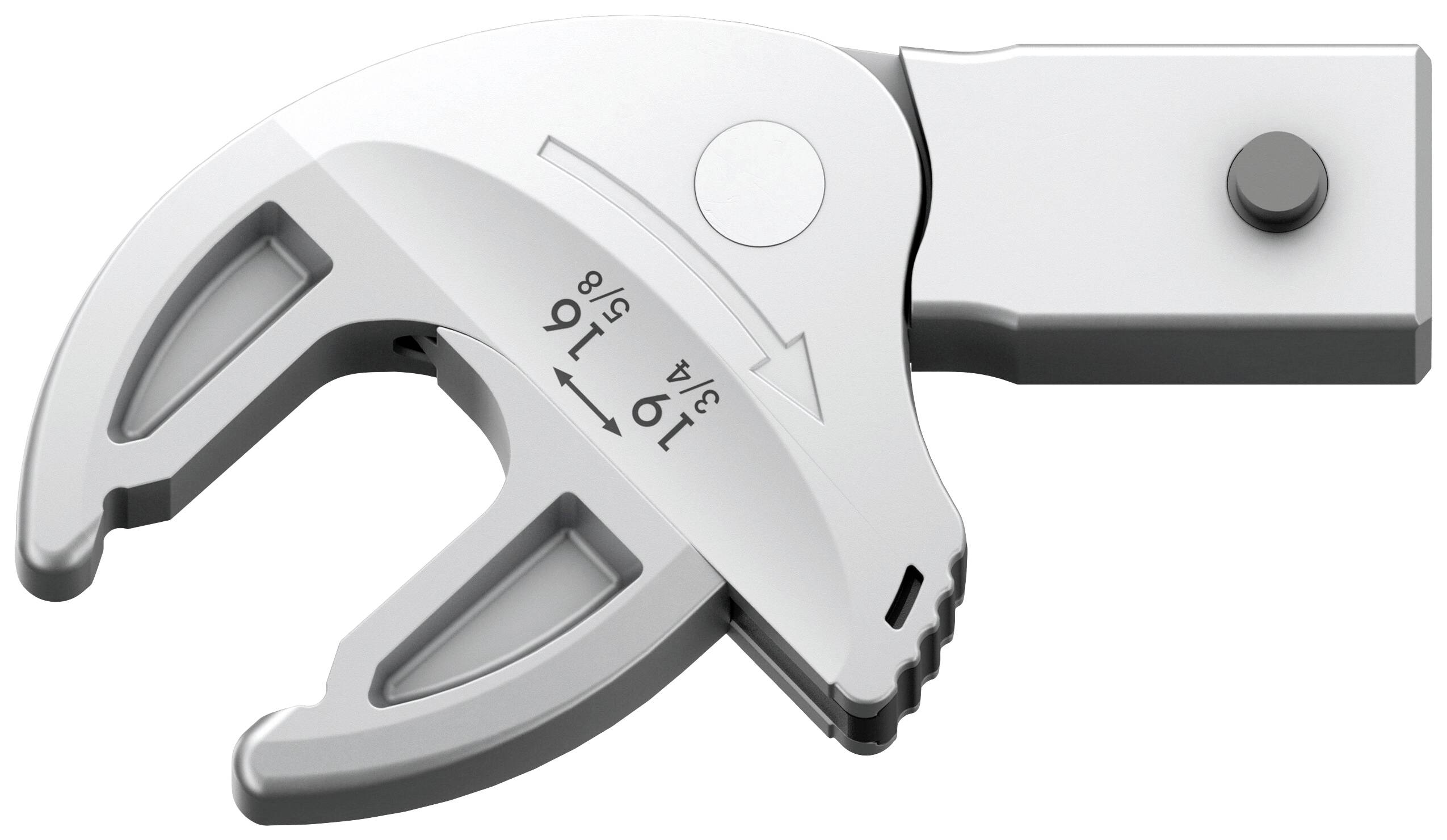 Metal tool with an adjustable gripper and scale, suitable for attachment to a rod or other object.