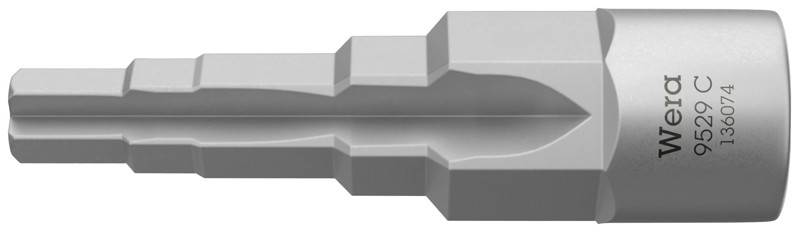 Silver-coloured multi-stage drill combination attachment with 'Wera' labelling. Primarily made of metal with a hexagonal base.