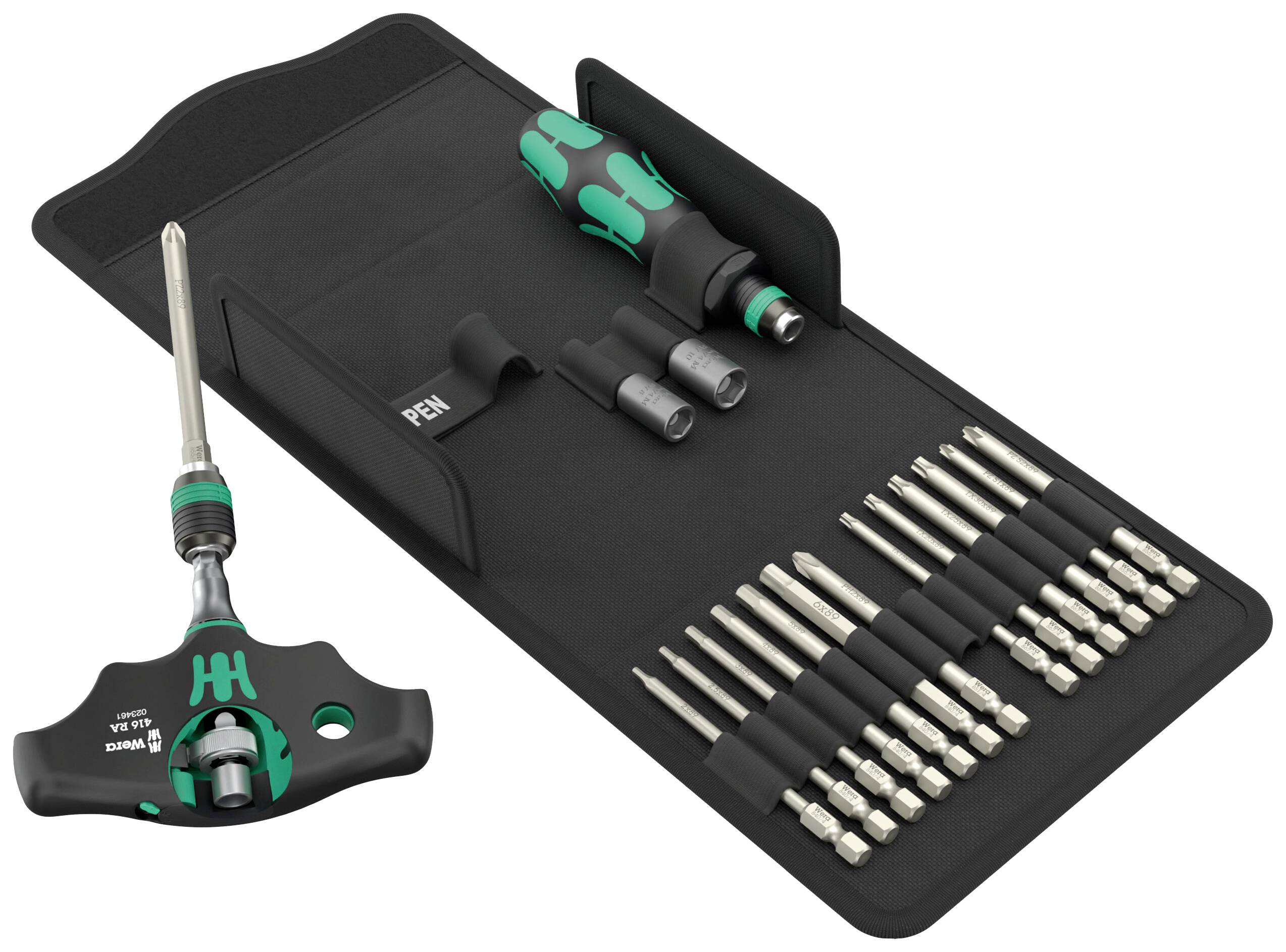 Tool set with double-ended spanners, Allen keys, socket wrenches and bits. Used for loosening and tightening screws.