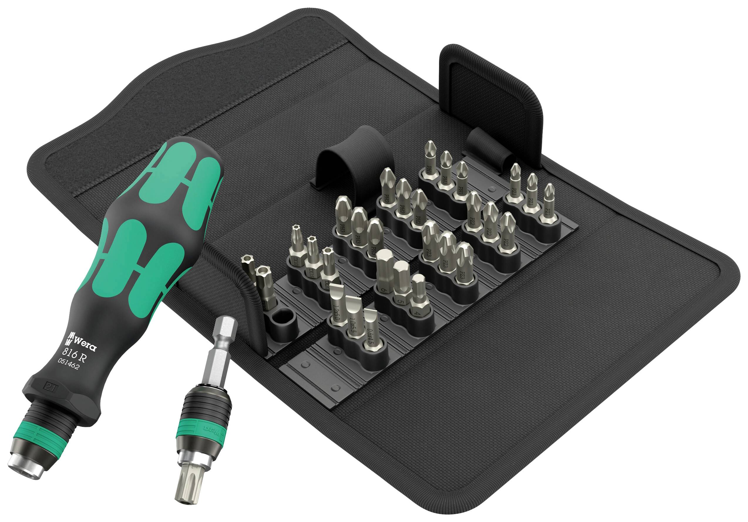 Set with Wera 2go 4 Bit Holder and versatile bits in a compact roll pouch for easy tool organisation.