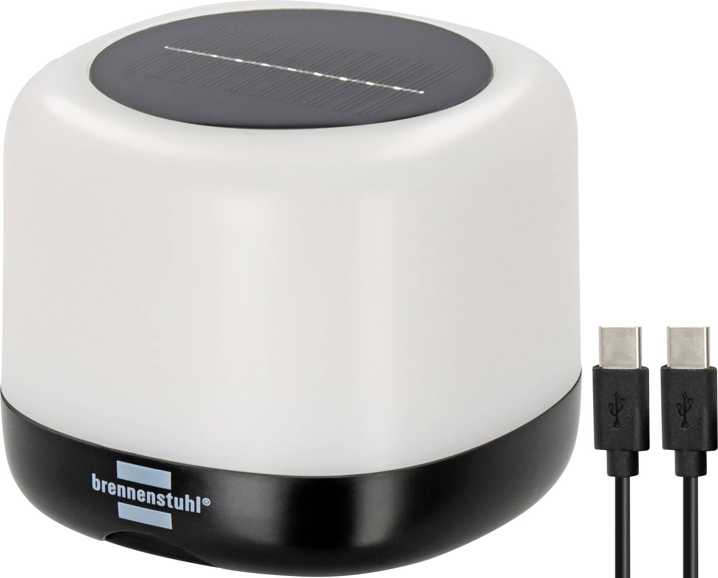 A round, white lamp with a black base and solar cells on the top surface. A USB cable lies beside it.