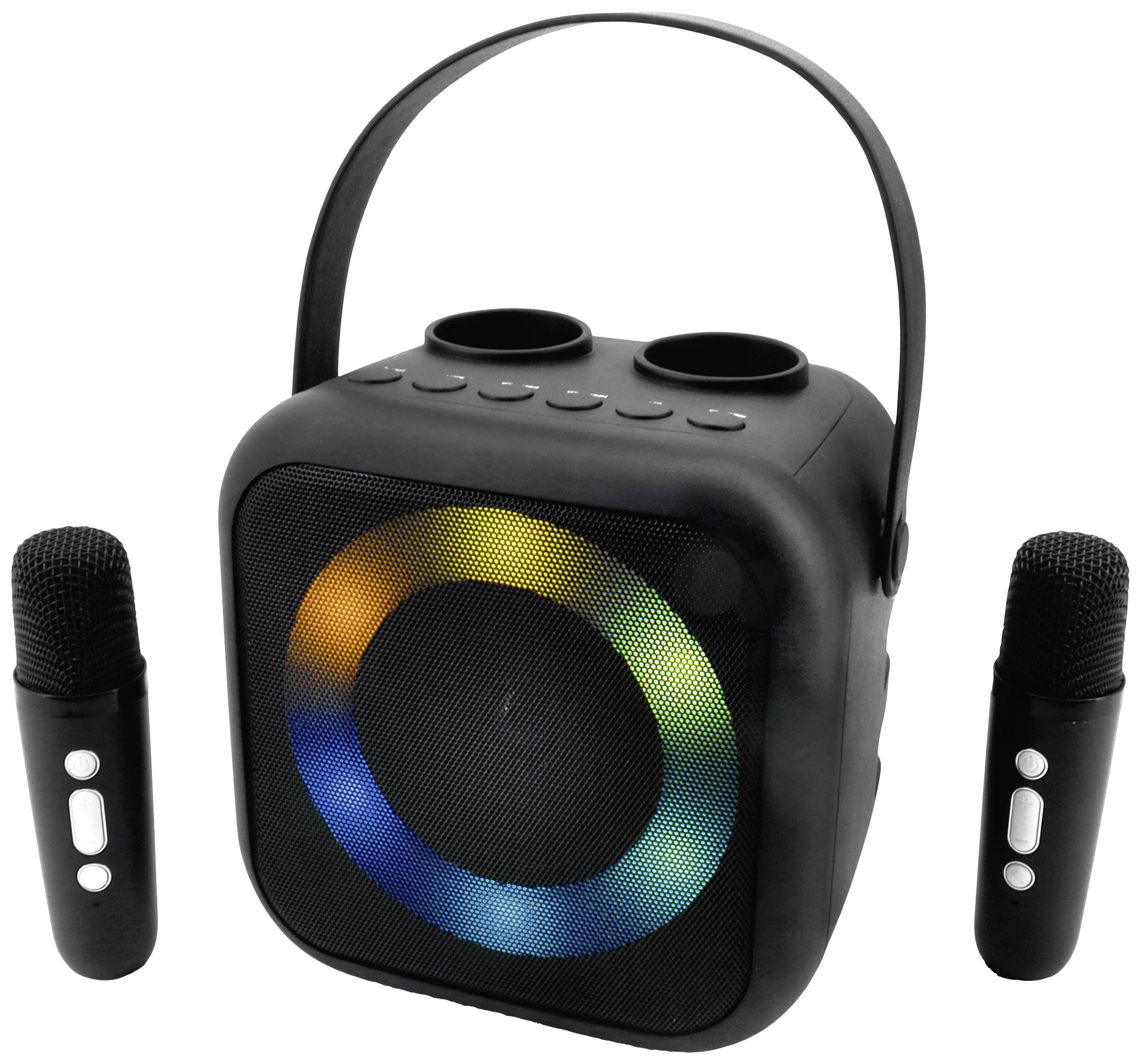 Portable speaker with a colourful LED light ring. Two black microphones beside it. Ideal for mobile music and karaoke use.