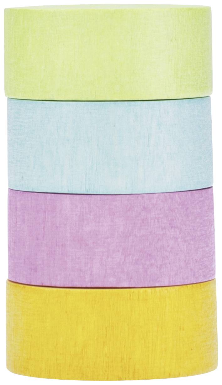 Five colourful washi tape rolls stacked: Yellow, Pink, Blue, Green and Orange.