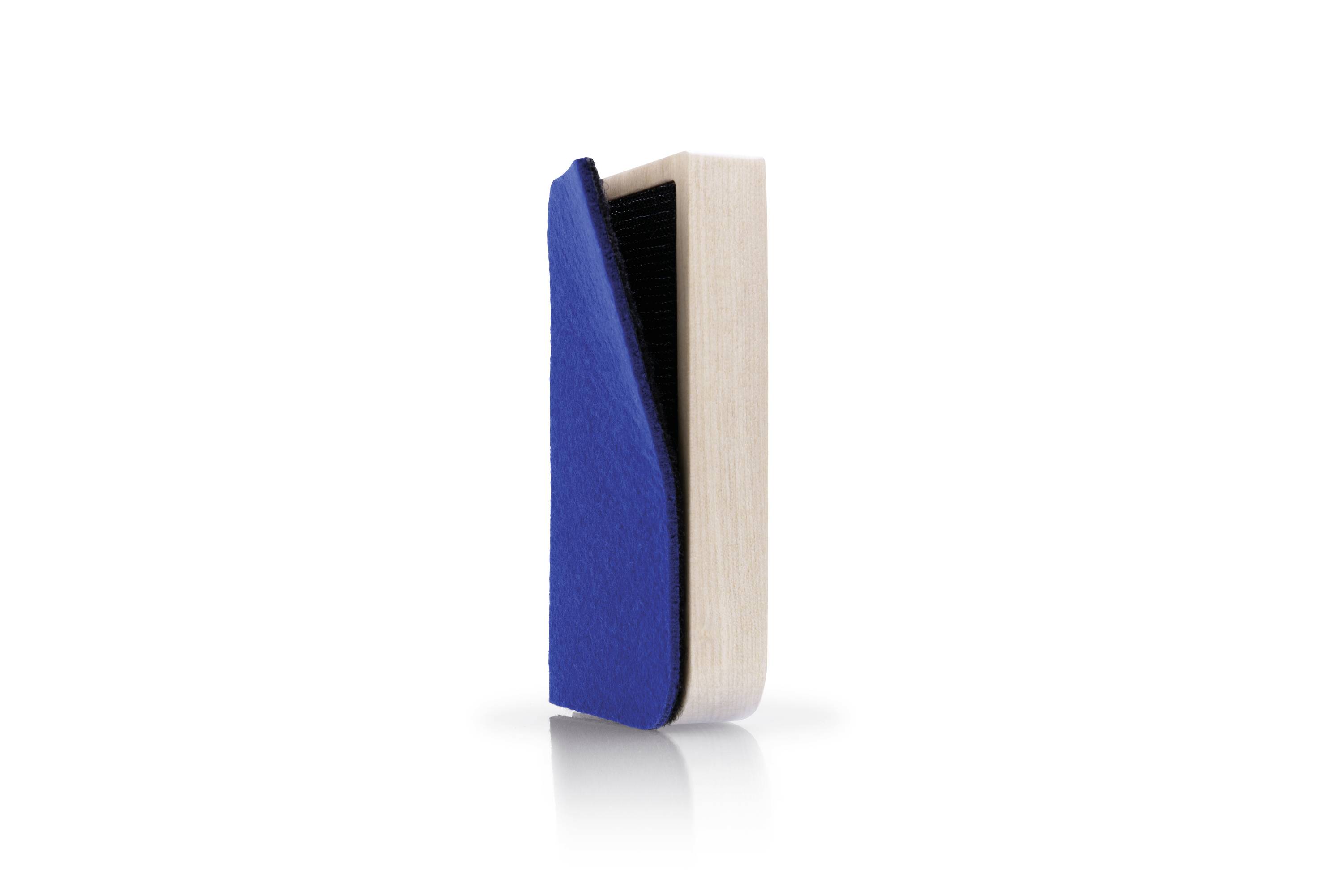 A wooden board brush with a blue felt cover, used for cleaning chalkboards.