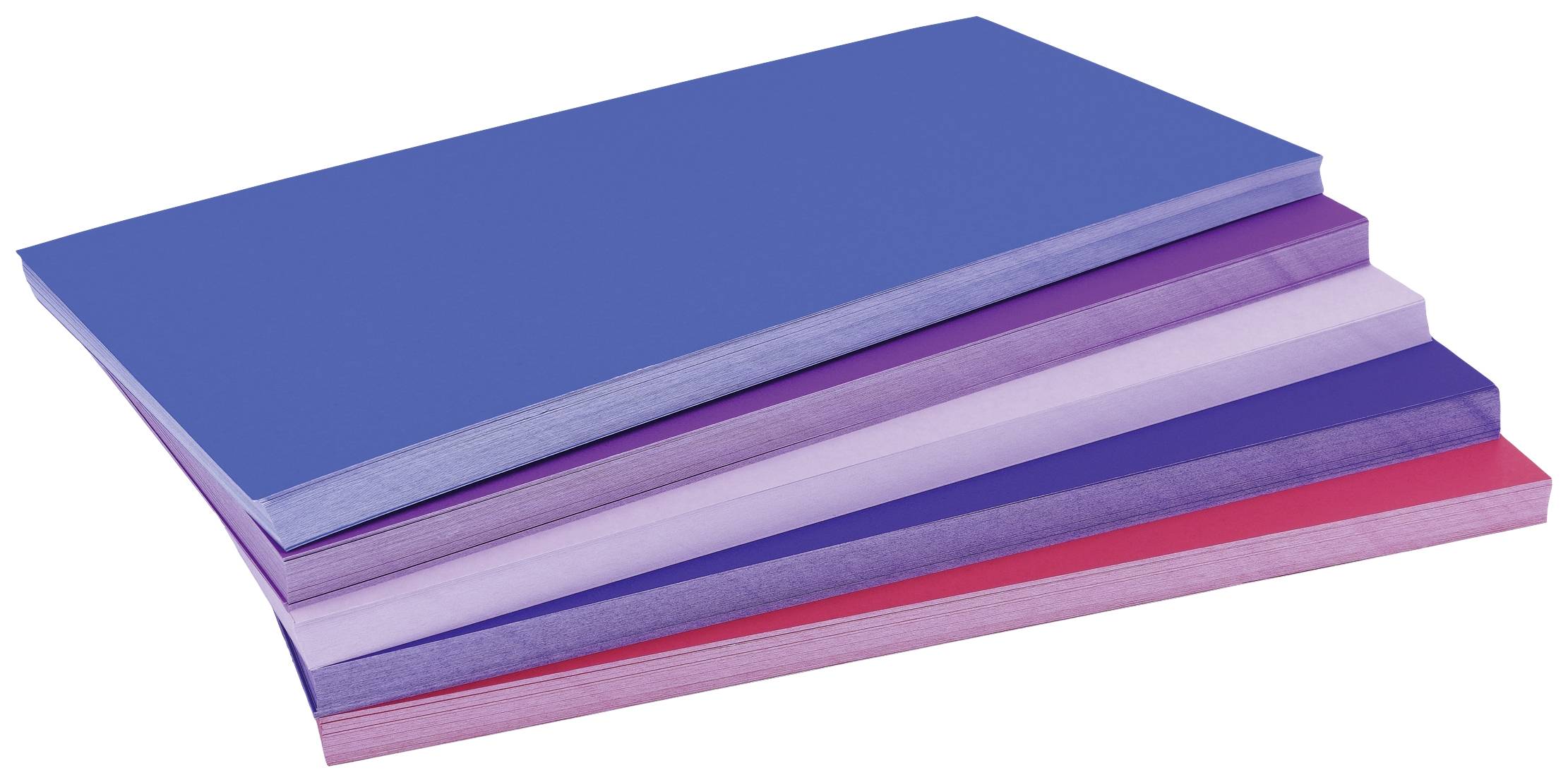 A stack of colourful paper sheets in blue shades and pink lies slightly fanned out on top of each other.