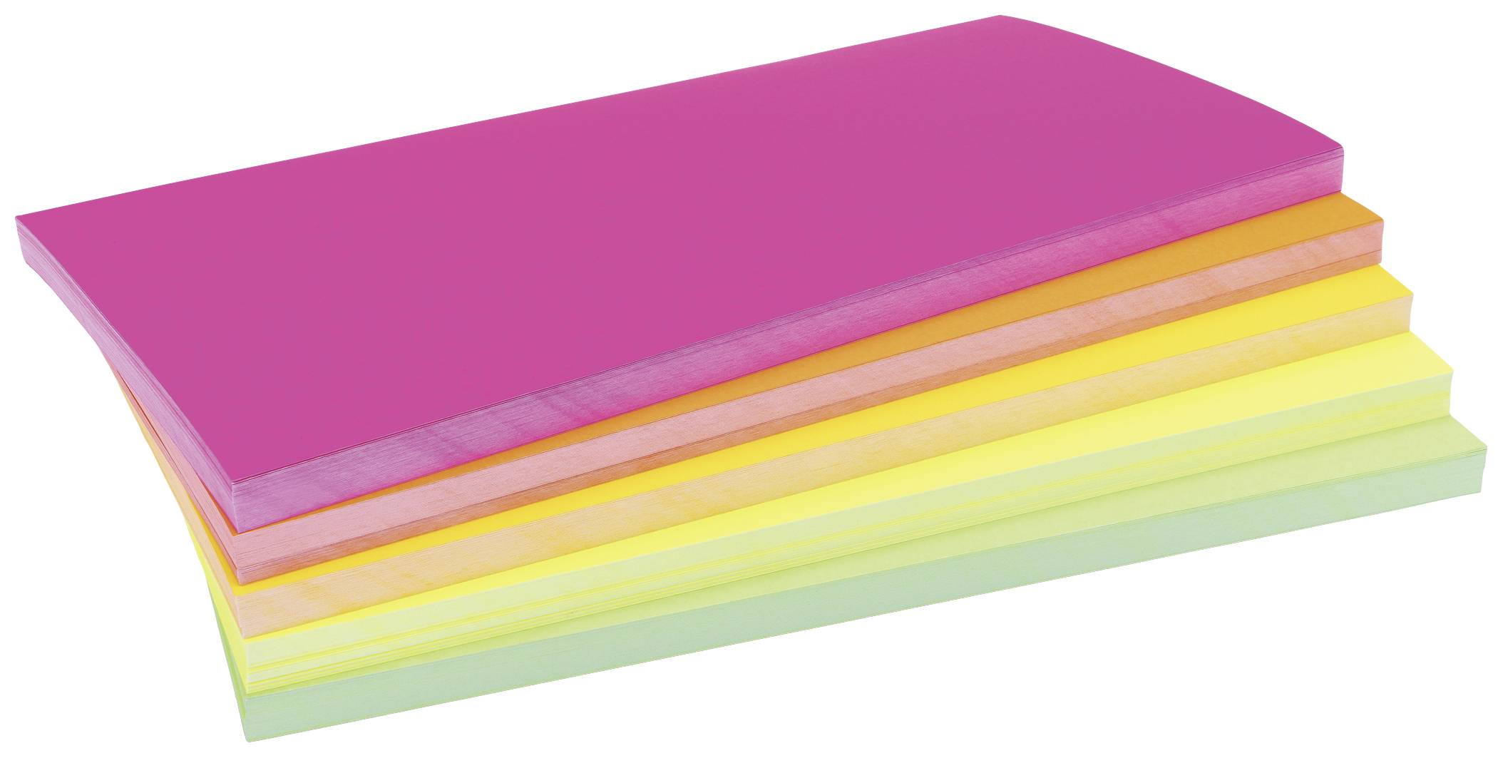 A stack of colourful sticky notes in pink, orange, yellow and green, slightly offset and stacked on top of each other.