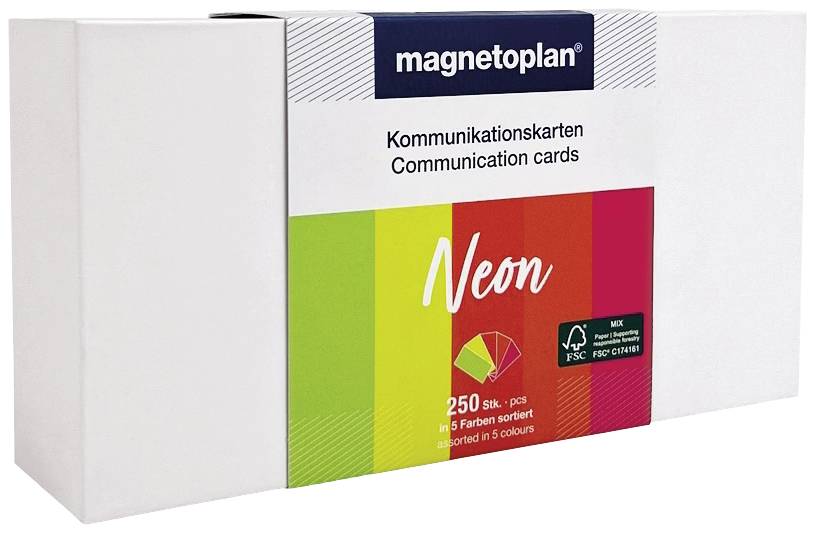 Packaging of 'magnetoplan' communication cards, 250 pieces in neon colours, sorted into five colours, FSC-certified.
