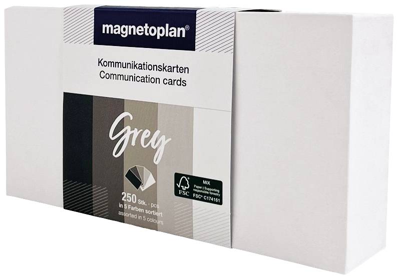 'Communication Cards' by 'magnetoplan', 250 pieces in 5 grey shades. Box displays colour palette and FSC certification.