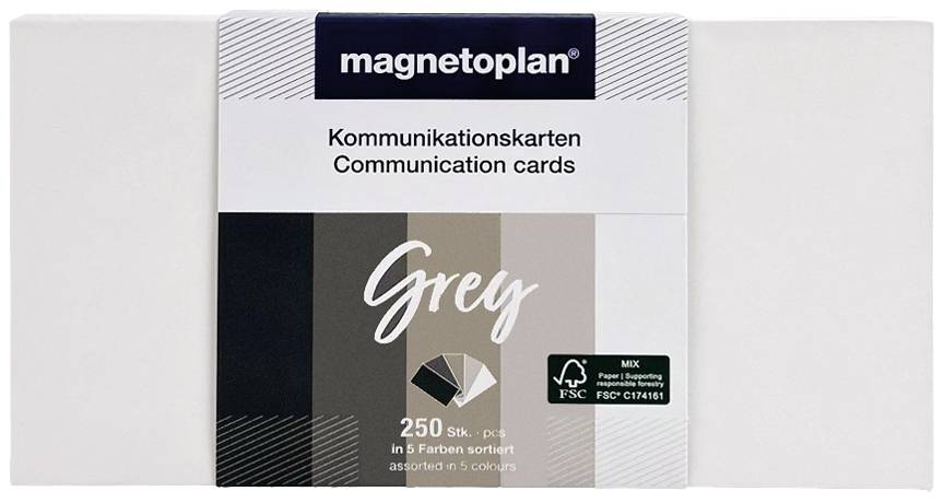 'Magnetoplan Communication Cards' packaging with 250 cards in 5 colours. Contains FSC certification symbol for sustainable forestry.