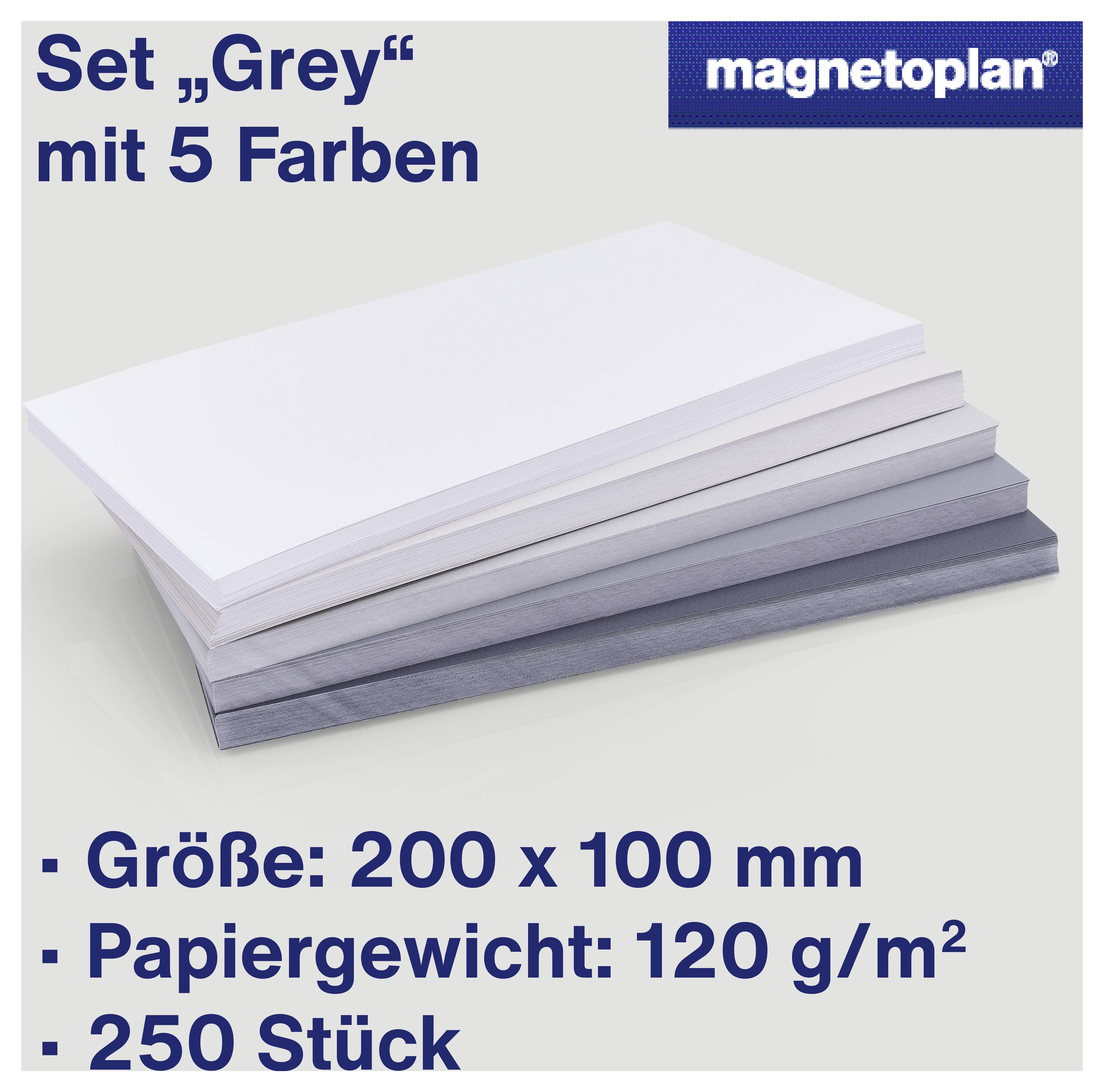 'Grey' Set with 5 Colours' stack of rectangular card paper. Size: 200 x 100 mm, Paper weight: 120 g/m², 250 sheets.