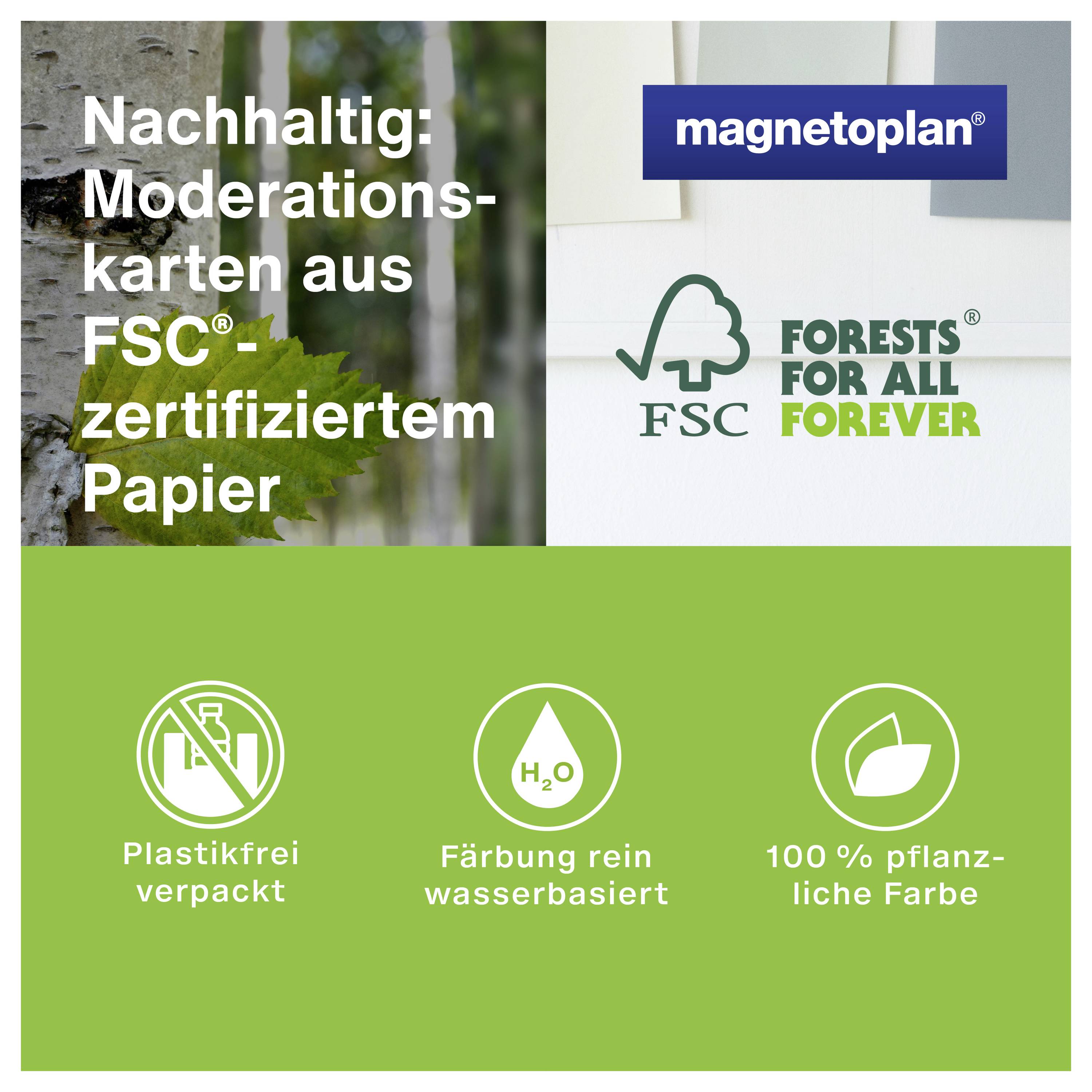 Sustainable moderation cards made from FSC®-certified paper. Includes symbols for plastic-free packaging, water-based dyeing, and plant-based colours.