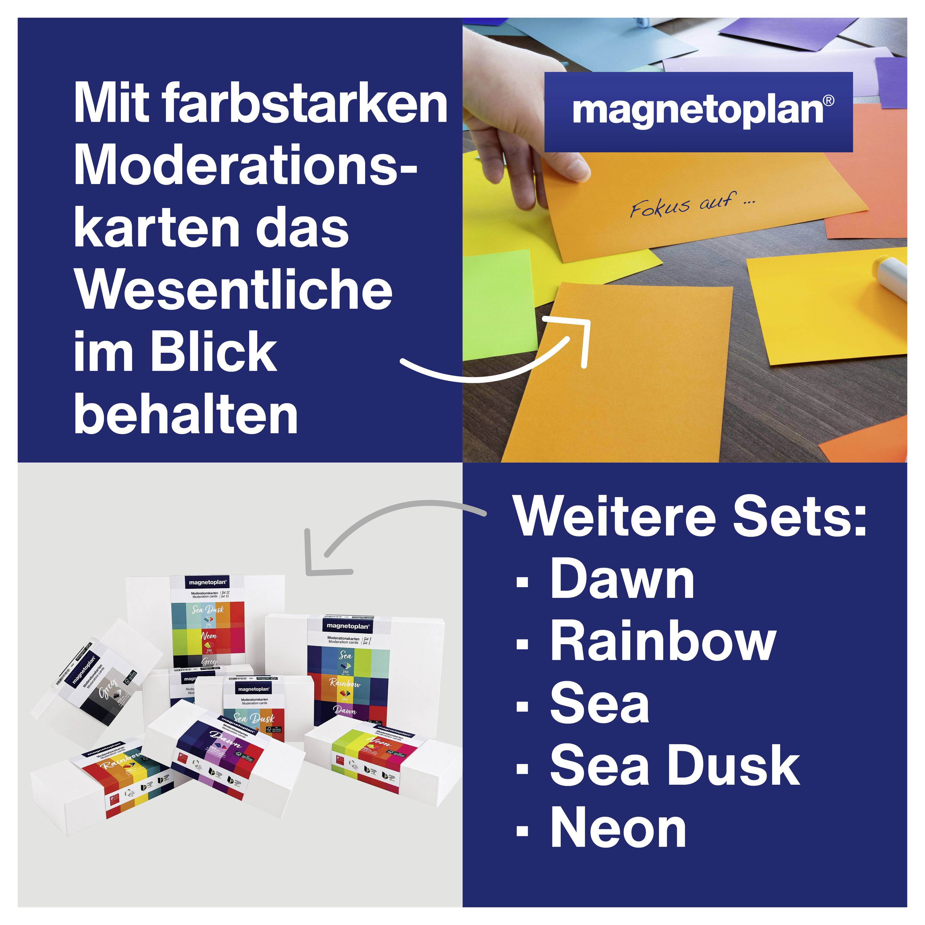'Focus on' written on a colourful moderation card. Further sets: Dawn, Rainbow, Sea, Sea Dusk, Neon. Brand: magnetoplan.