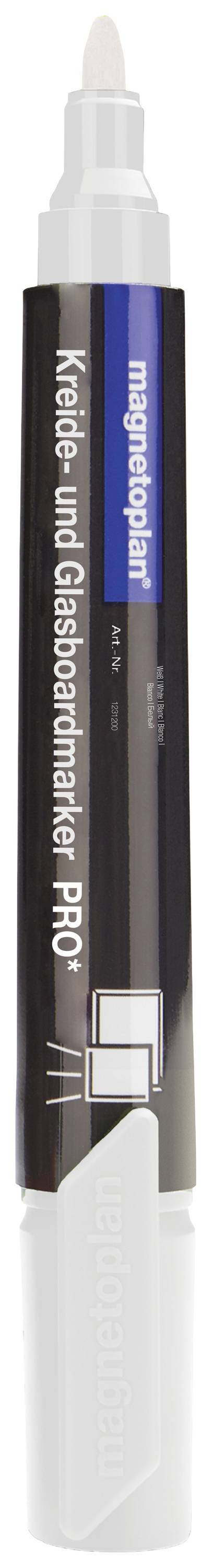 A white chalk and glass board marker with a black casing, displayed vertically. Suitable for smooth surfaces.