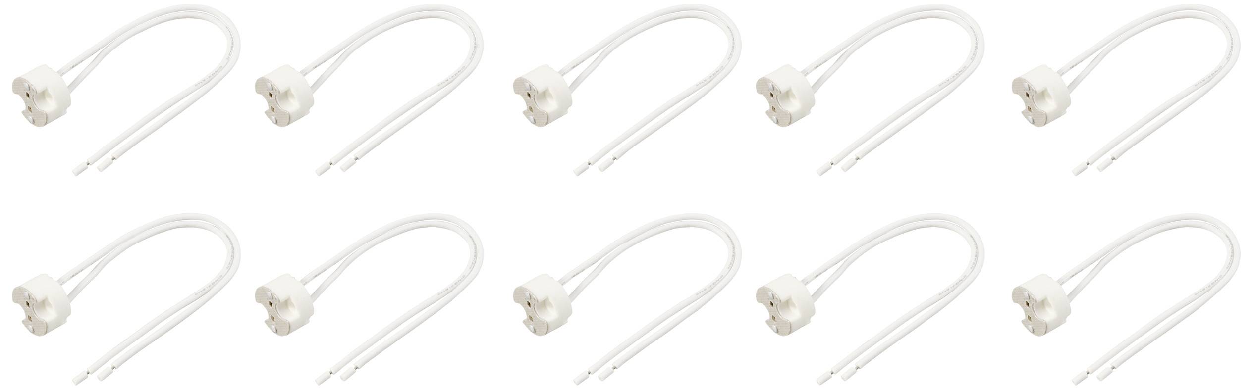 Ten white electrical cables with two-pole connectors, symmetrically arranged against a white background.